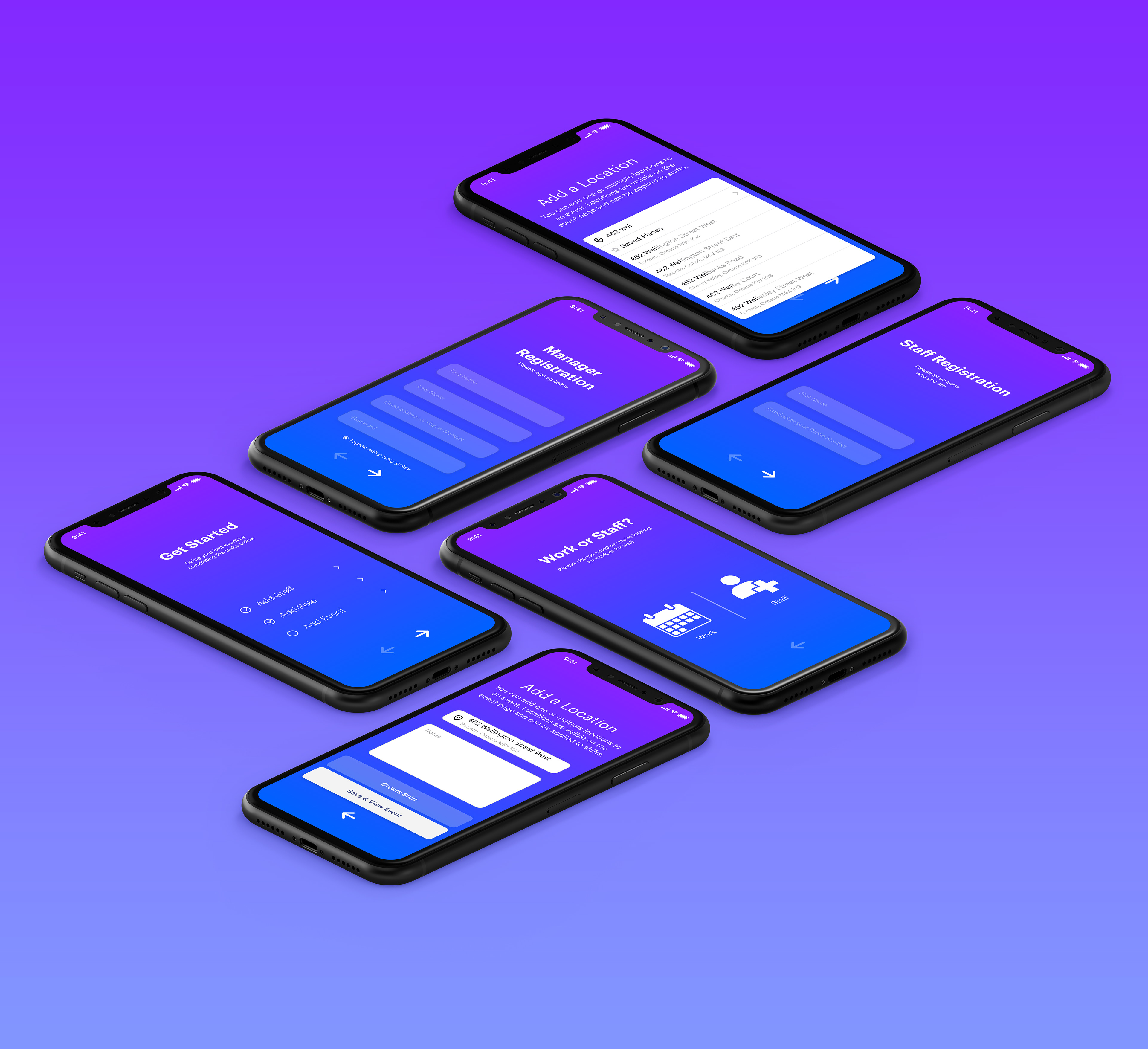 Mock-up of final screen designs on an array of mobile phones laying down