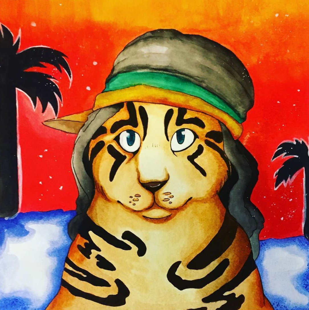 “Island Cat” | 12” x 12” | Watercolor, ink, pen, and salt