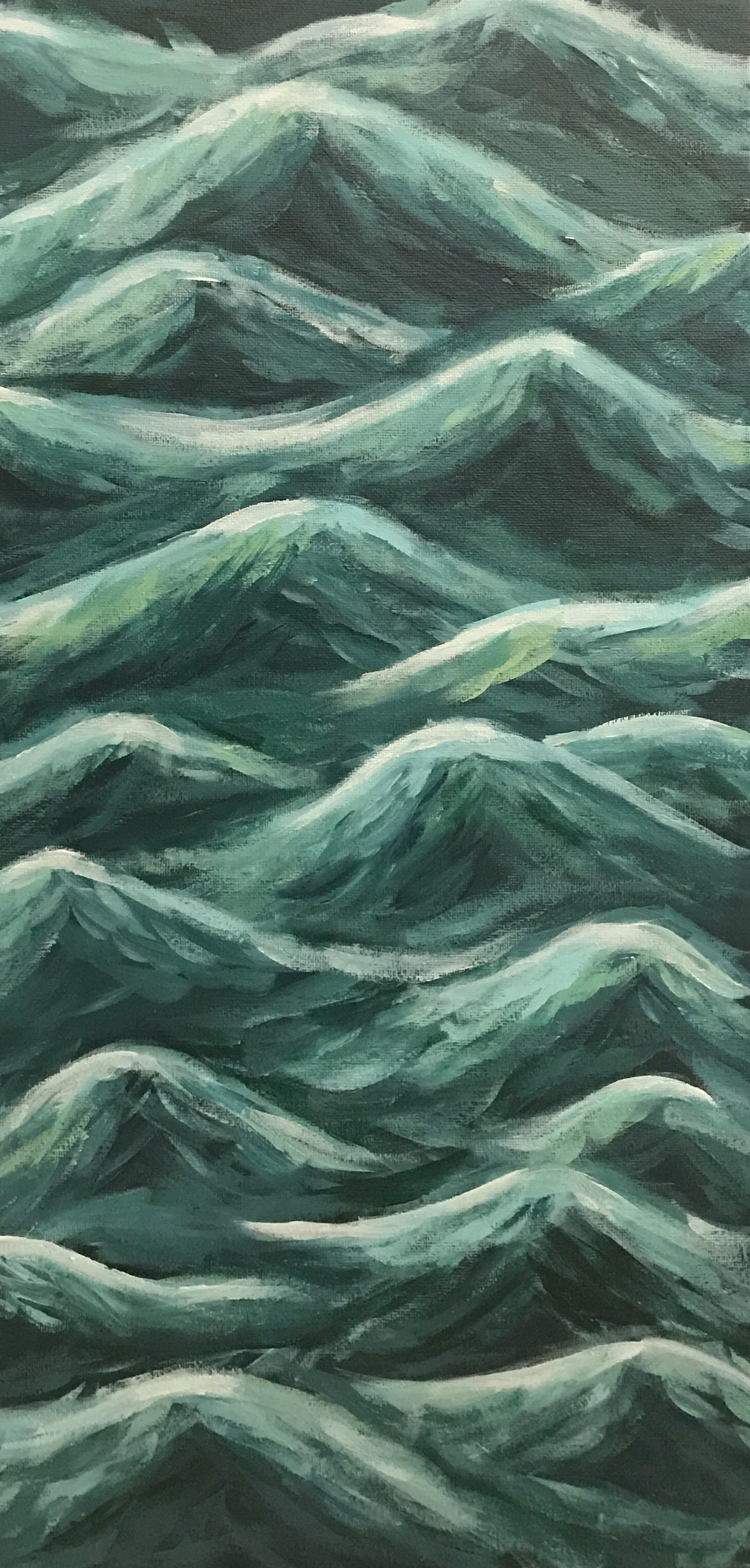 "Wavey" | 10" x 20" | Acrylic on canvas | I used expressive marks to show a lot of waves. I use shades of green, light blue, and white. I use lighter values to get highlights within the waves.