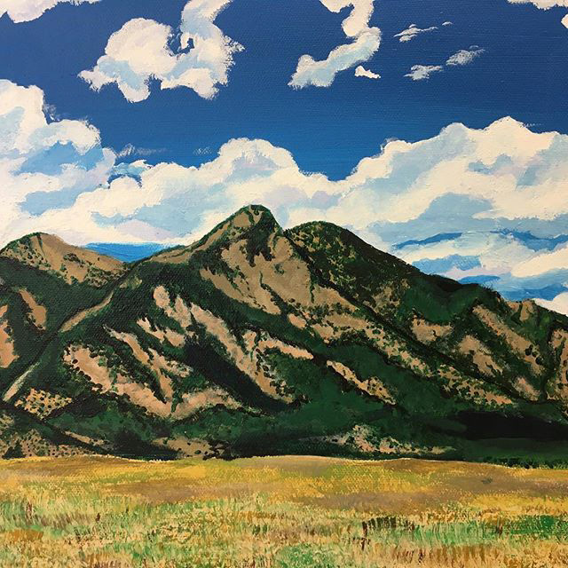 "The Field" | 14" x 11" | Acrylic on canvas | This piece is a rendering made to display the beauty of nature. I've always been partial to mountains and how they are beautiful yet intimidating. Another important focal point of this painting is the clouds and the way they appear to be like a blanket over the mountains.