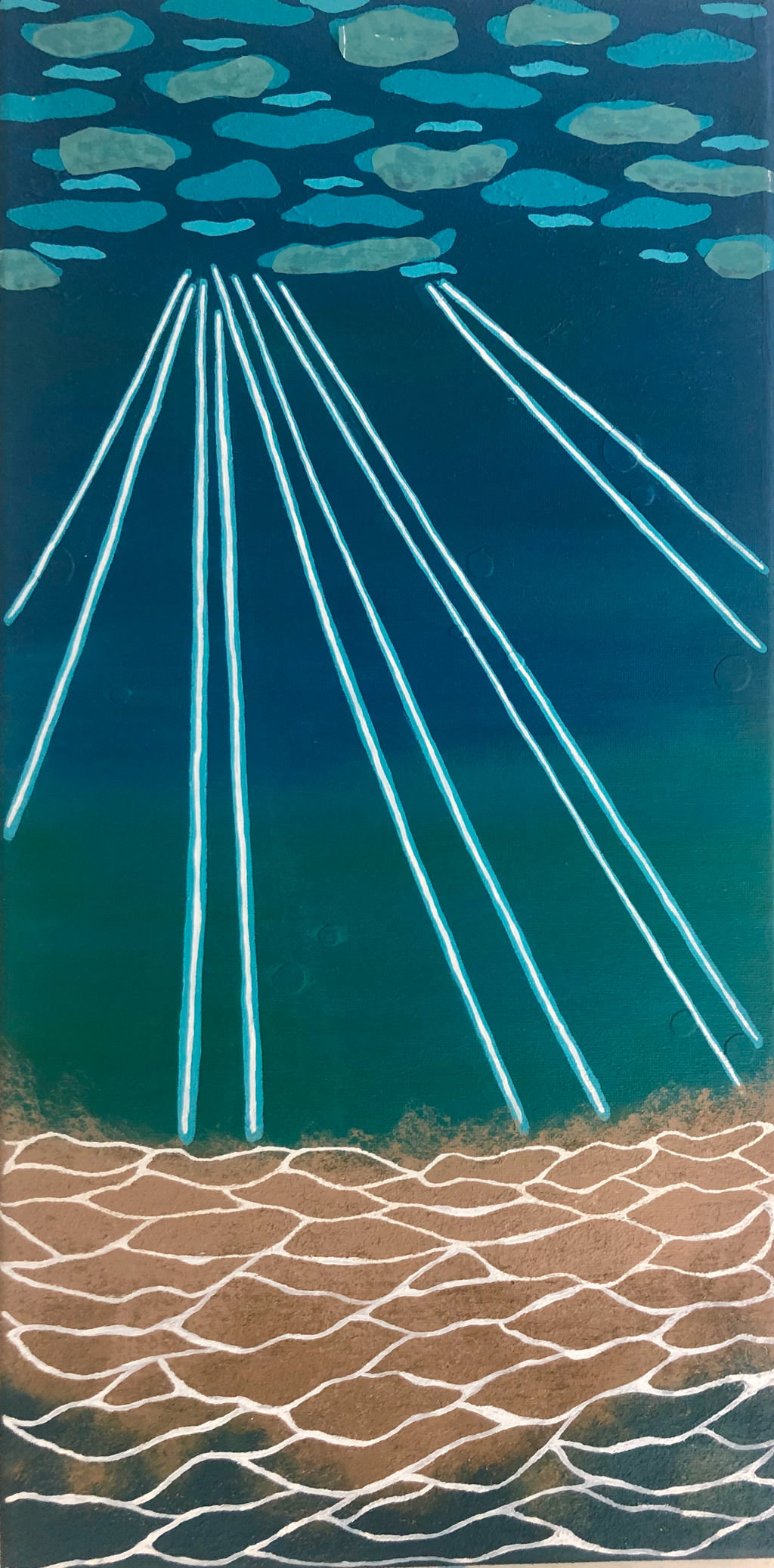 “Design of the Depths” | ​10” x 20” | Acrylic, sand, molding paste, and plastic bag on canvas