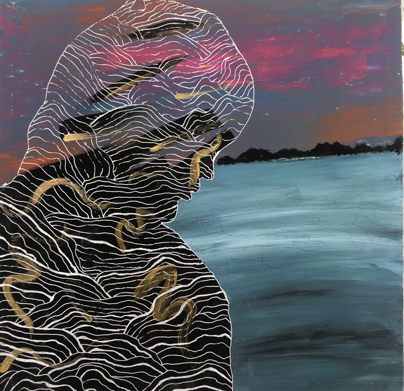 "Unravel" |12” x 12” | Acrylic paint and gel pen on vinyl cover | This work was inspired by a photo I had taken of a friend. I wanted to use lines and different textures to create a design-based combination of portrait and landscape.