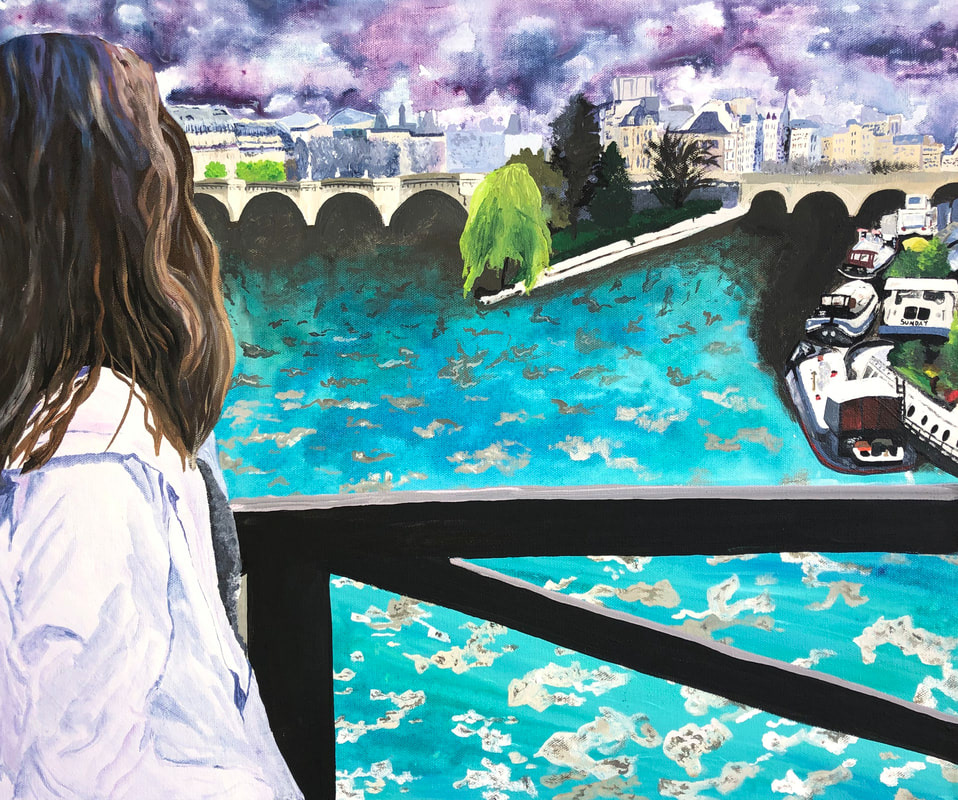 “Seine” | 20” x 24” | High-flow and heavy-body acrylic on canvas | I wanted to explore the Seine River, which I had visited on a trip to France, as if it were badly affected by pollution.
