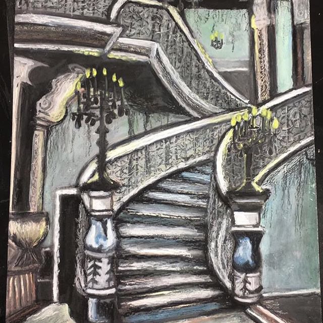 "Stairway to Heaven" | 9" x 12" | Oil pastel and paint on paper | This stairway is meant to be inviting and mysterious. The dark values used are to portray the eerie feeling, and the shades of yellow to illuminate the room. The twisting of the stairs pulls the audience into the piece, making onlookers wonder what lies at the top of the staircase.