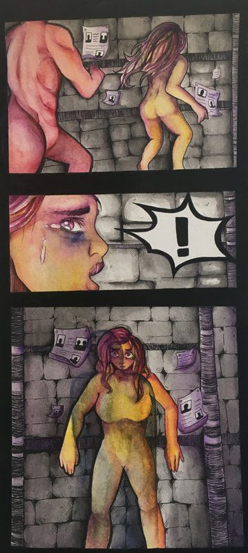 “Caught” | 8” x 20” | Watercolor, ink, Micron pens, and salt | I made the girl a bright color to pop out against the cold background. I wanted her to feel alone and small compared to her surroundings.
