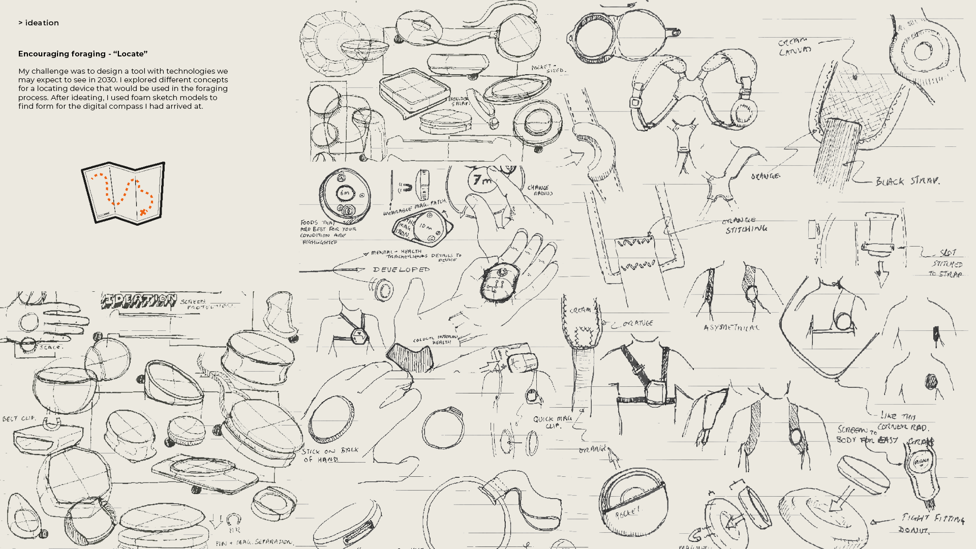 sketches of the development of the forager locate tool including harness design and form exploration