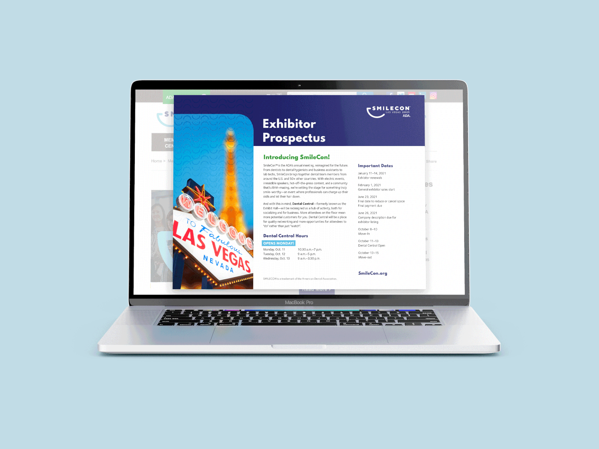 Rotating graphic of a laptop showing pages from the SmileCon Exhibitor Prospectus