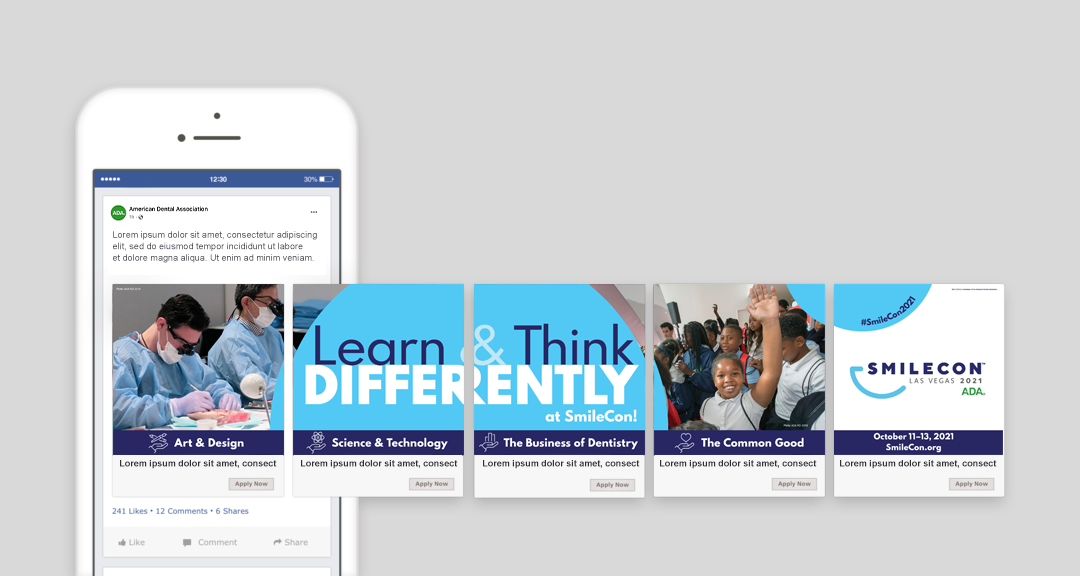 Image of smartphone and illustrating a 5-panel Facebook carousel ad