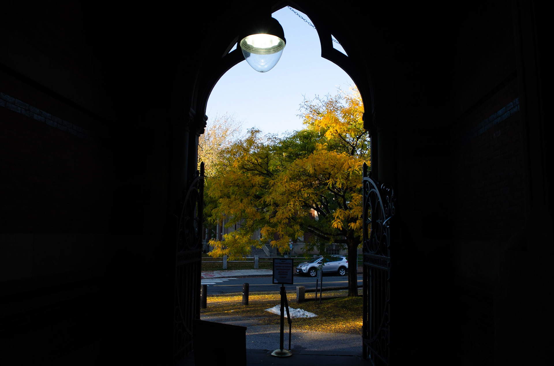 4. Framing. 1/200s f 7.1 ISO 400. Hallway in front of entrance of Memorial Hall on October 31, 2020. Photo taken by Hannah Lee