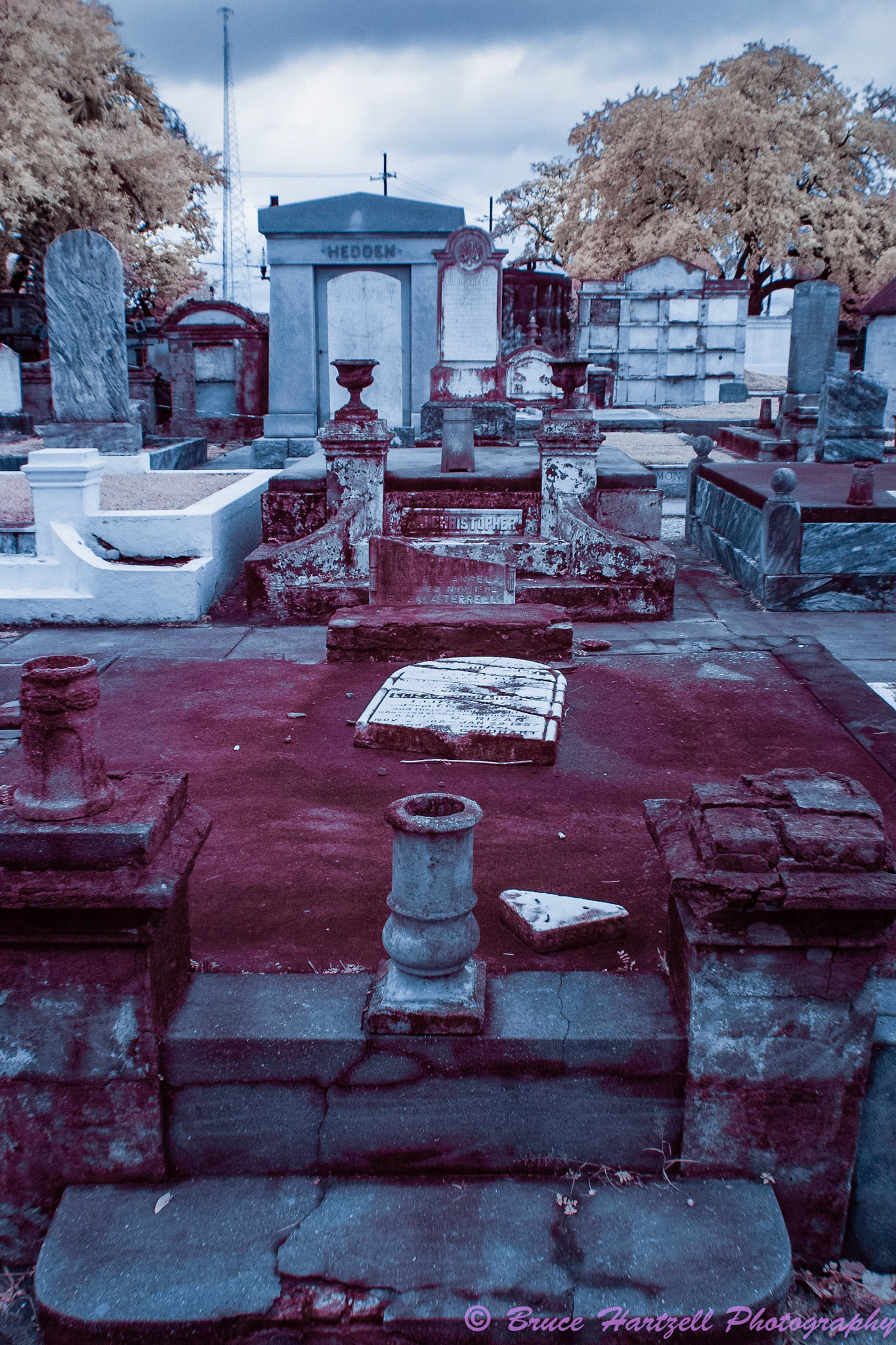 Oddfellows Cemetery, New Orleans, Louisiana. Infrared. PS, LR, Silver Effects Pro adjustments. See and share more like this at:  http://aayyeeee.myportfolio.com