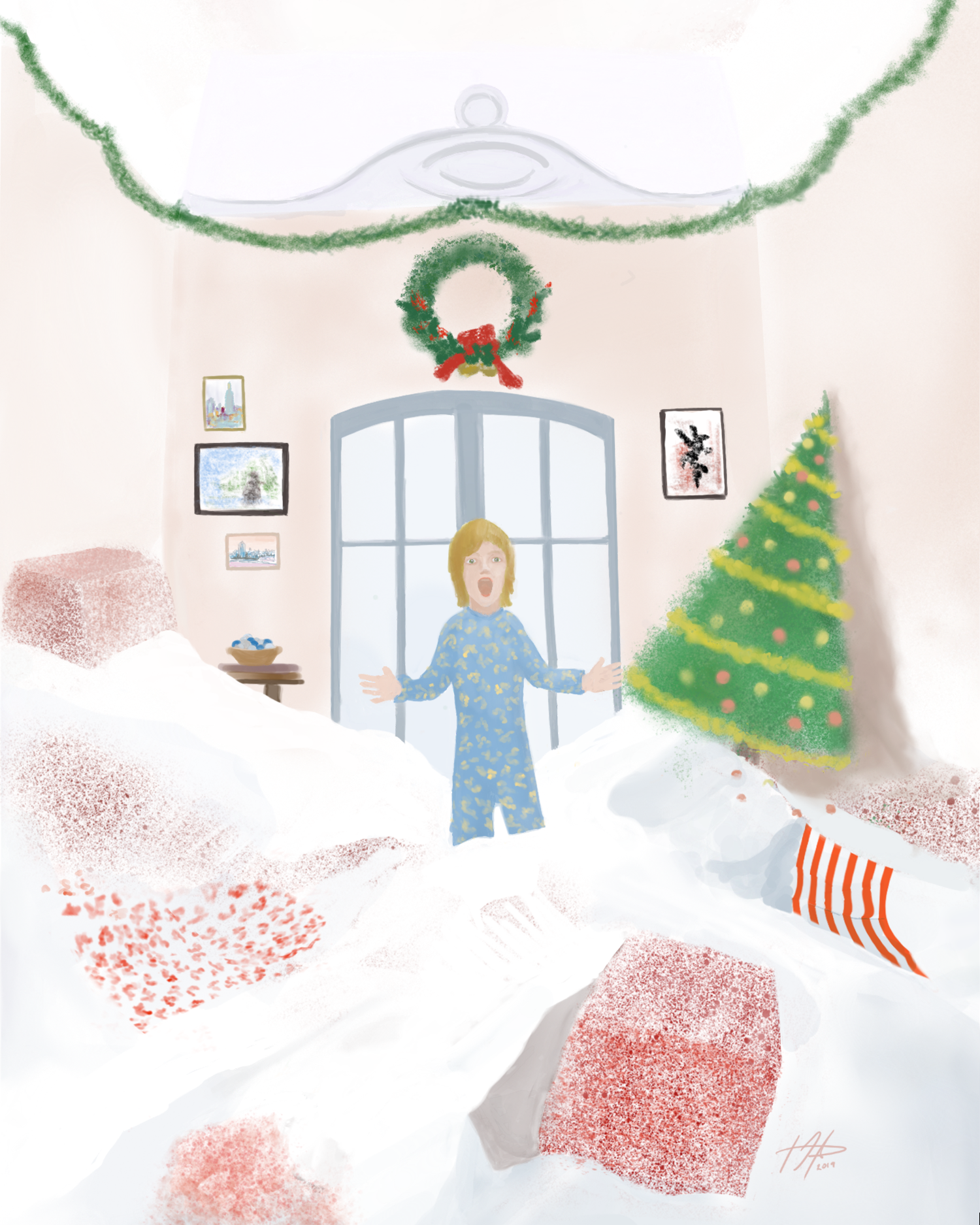 It's Christmas morning. A young boy stands in his living room, with his mouth agape.  The floor is covered in snow, presents are strewn all over and the Christmas tree lies askew in a corner, clearly having been pushed there by the avalanche that swept through 