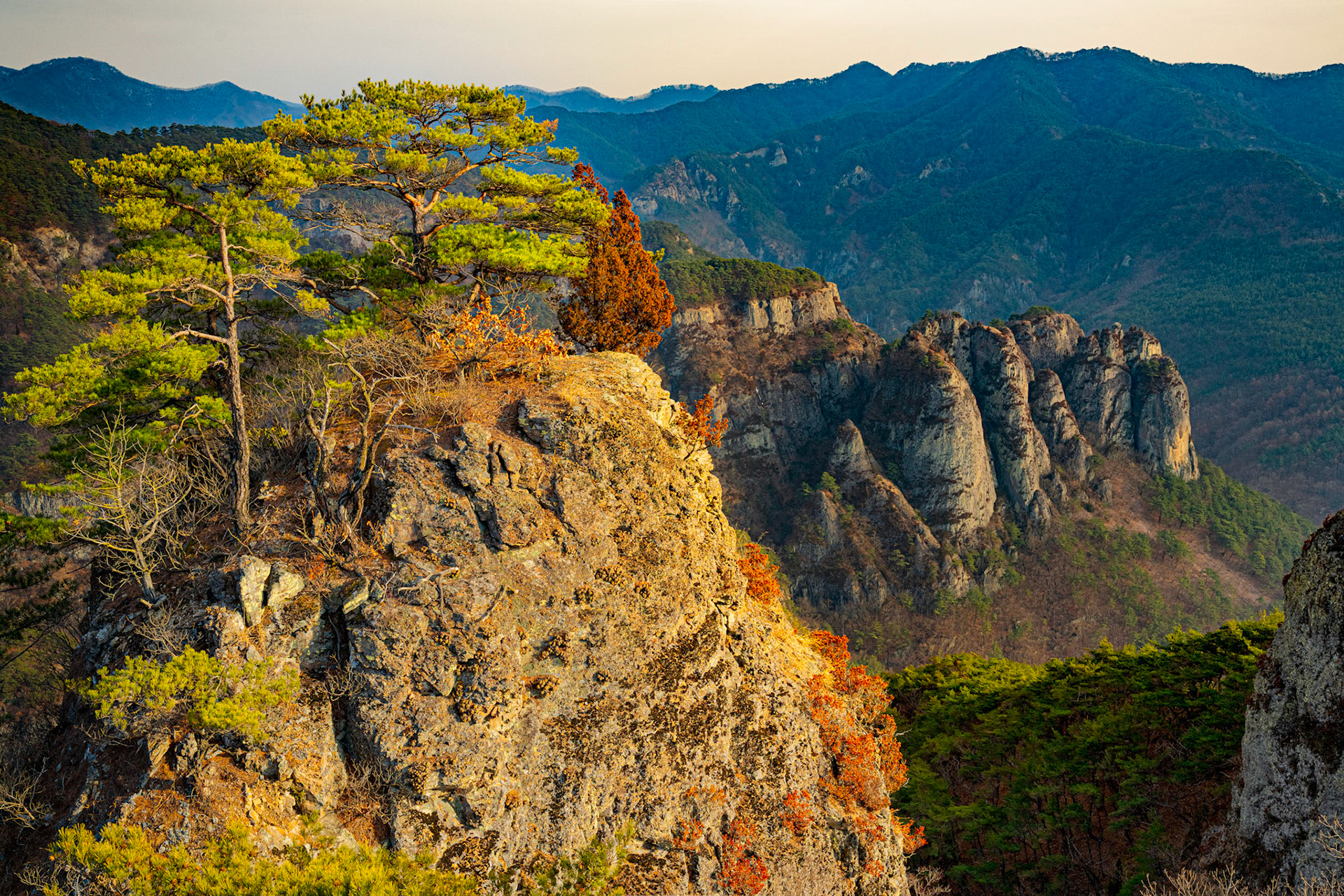Rocky Cliff Formations in the sunset at Korea's Juwangsan National Park