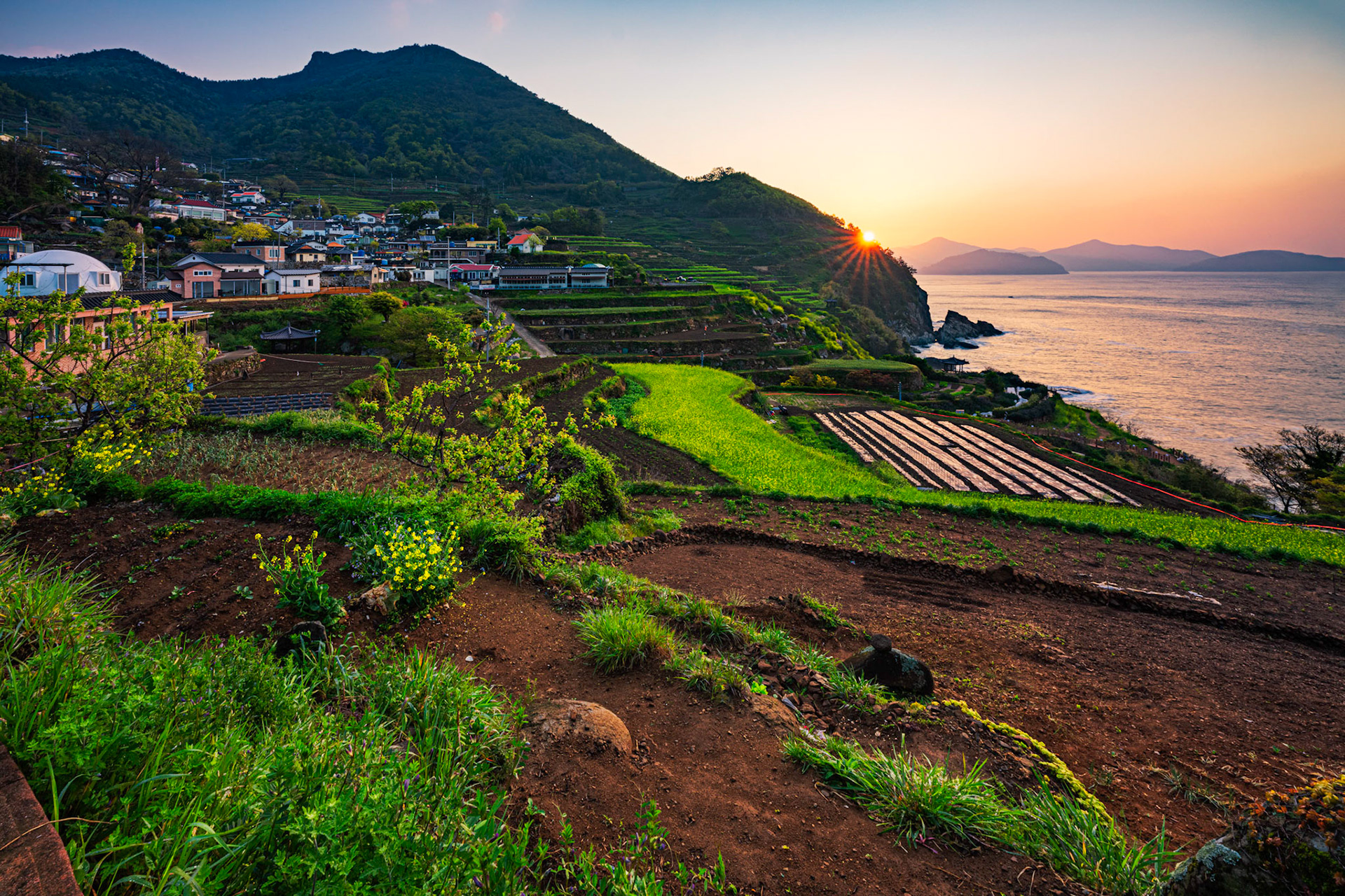 Gacheon Village, South Korea - 18 APRIL 2020: Namhae is a beautiful coastal area of Korea along the southern Coast. Gacheon Village is famous for its terraced Darengi Rice Paddies.