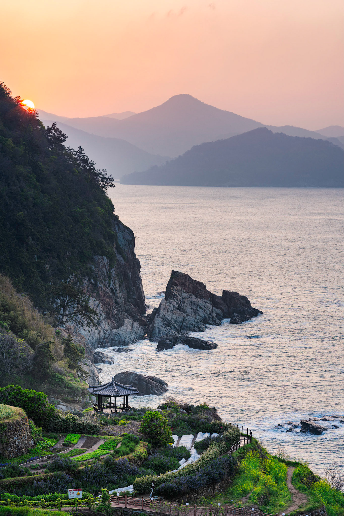 Gacheon Village, South Korea - 18 APRIL 2020: Namhae is a beautiful coastal area of Korea along the southern Coast. Gacheon Village is famous for its terraced Darengi Rice Paddies.