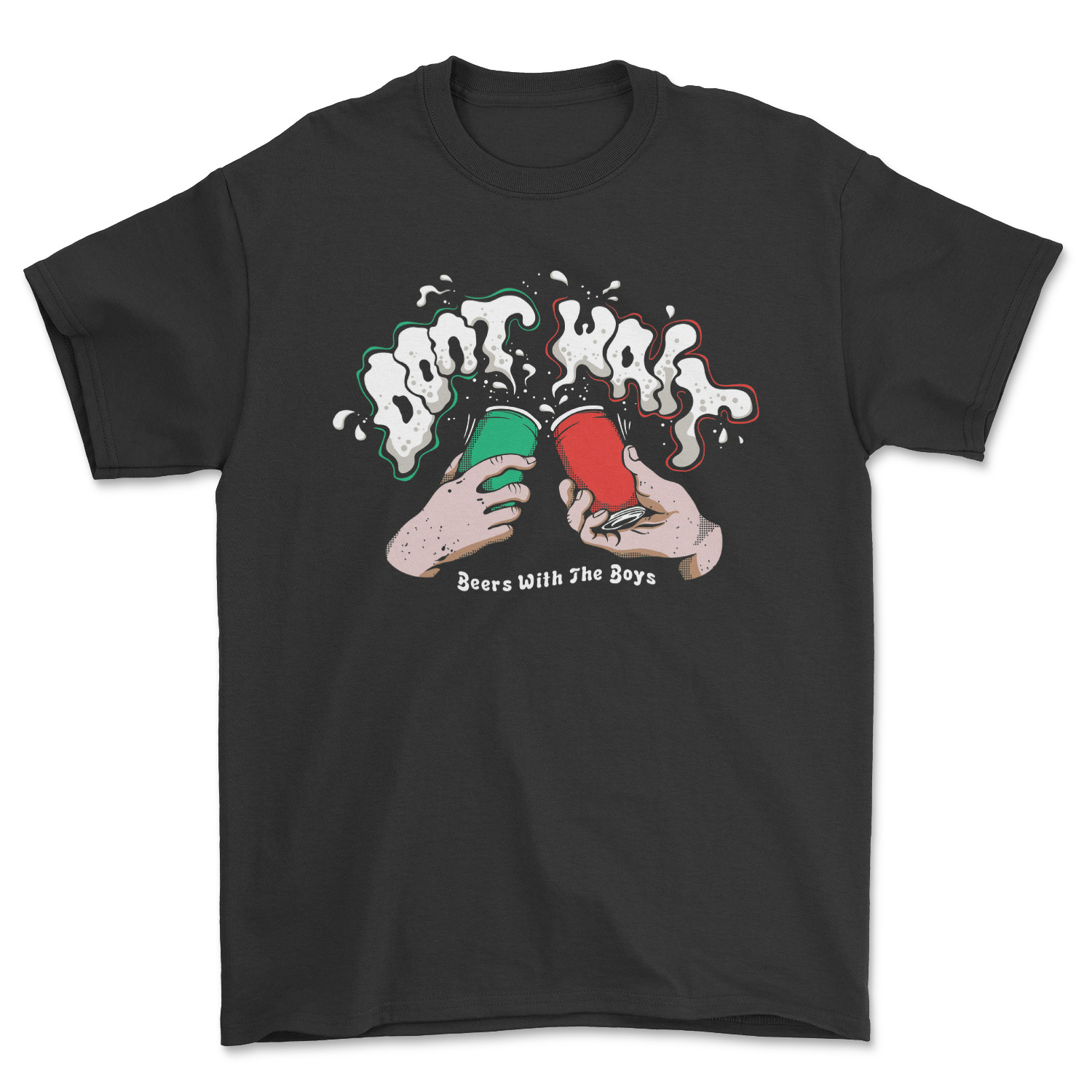 Black t-shirt with green, white, and red design