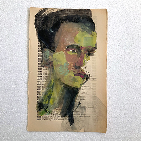 Portrait of a young man, acrylic on old book paper, 14x22cm - 85€