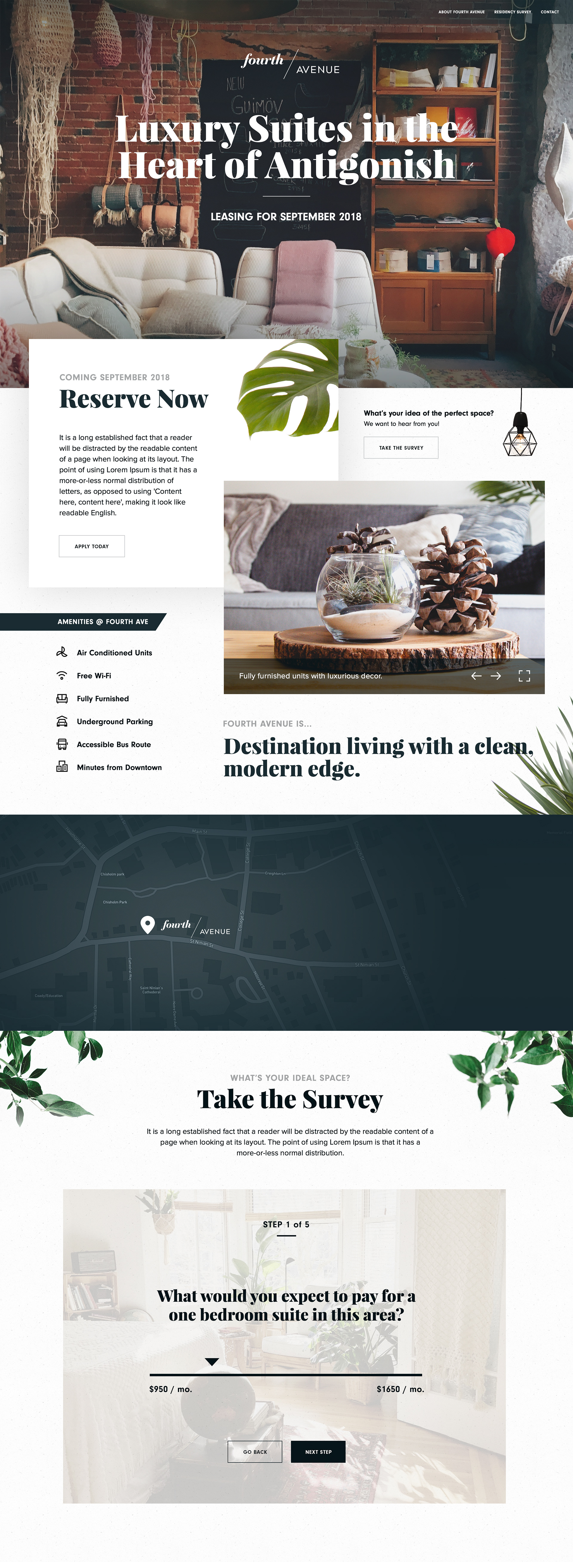 A website and one pager landing page design for Fourth Avenue showcasing striking imagery, flowing typography, and a luxury interior design setting.