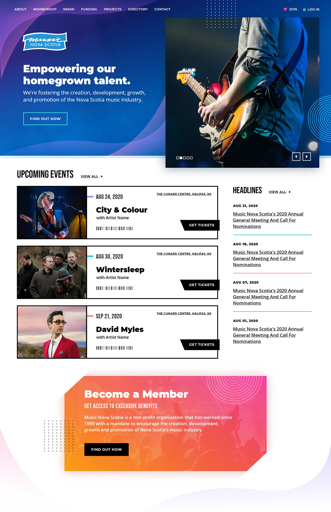 An alternative website redesign concept for Music Nova Scotia.