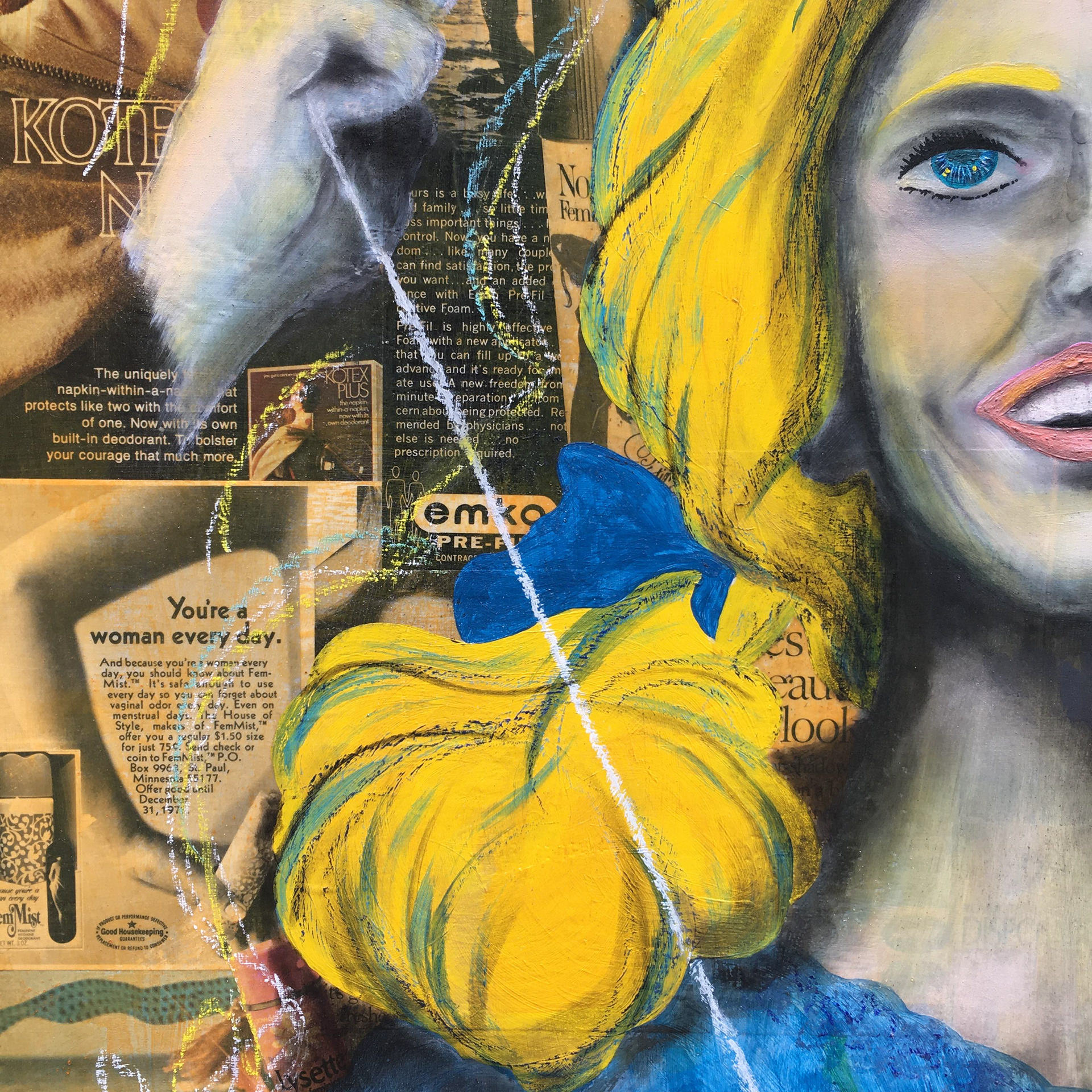 Julie (The Sky's The Limit), detail, acrylic, pastel and vintage magazine advertisements on panel, framed, 24"x30"