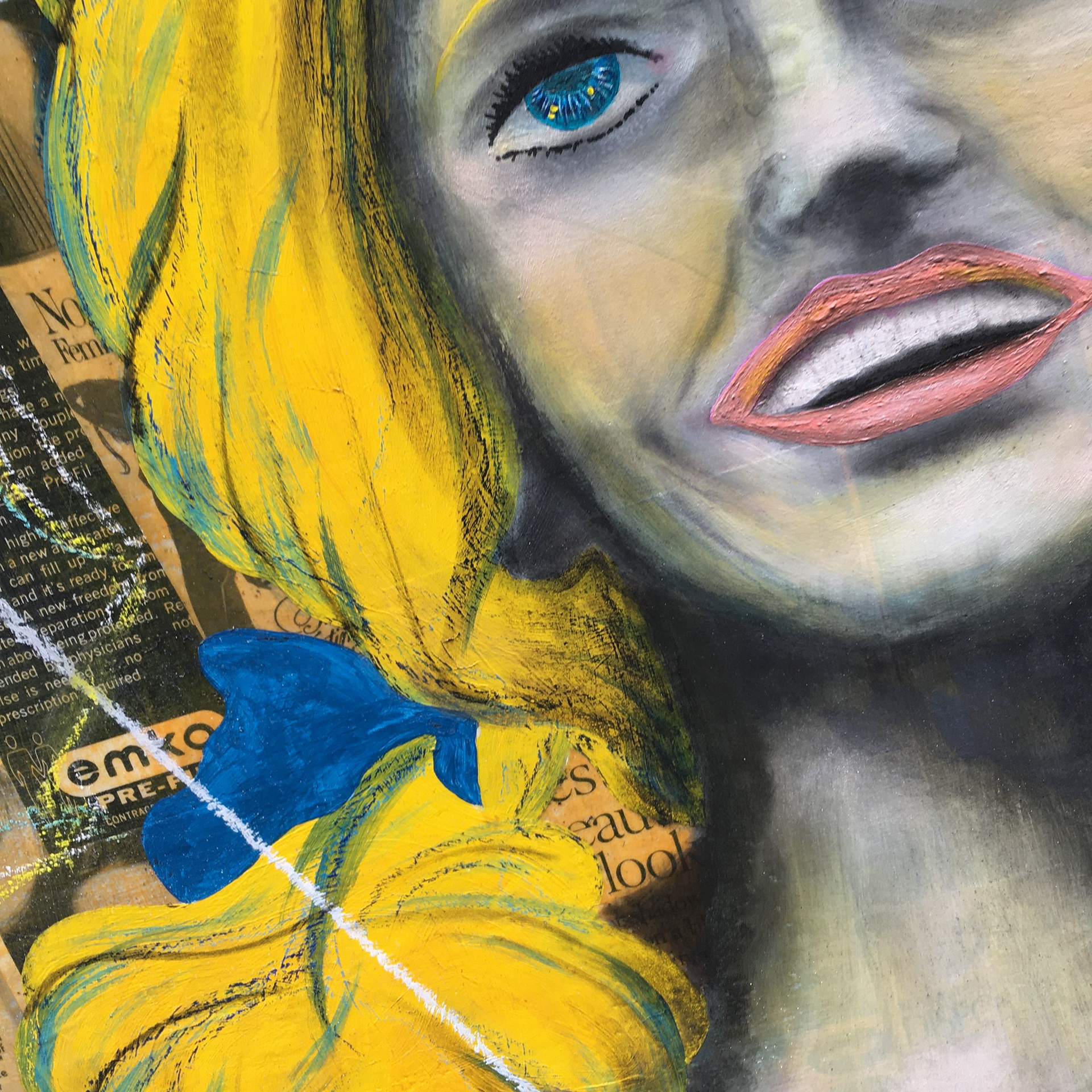 Julie (The Sky's The Limit), detail, acrylic, pastel and vintage magazine advertisements on panel, framed, 24"x30"