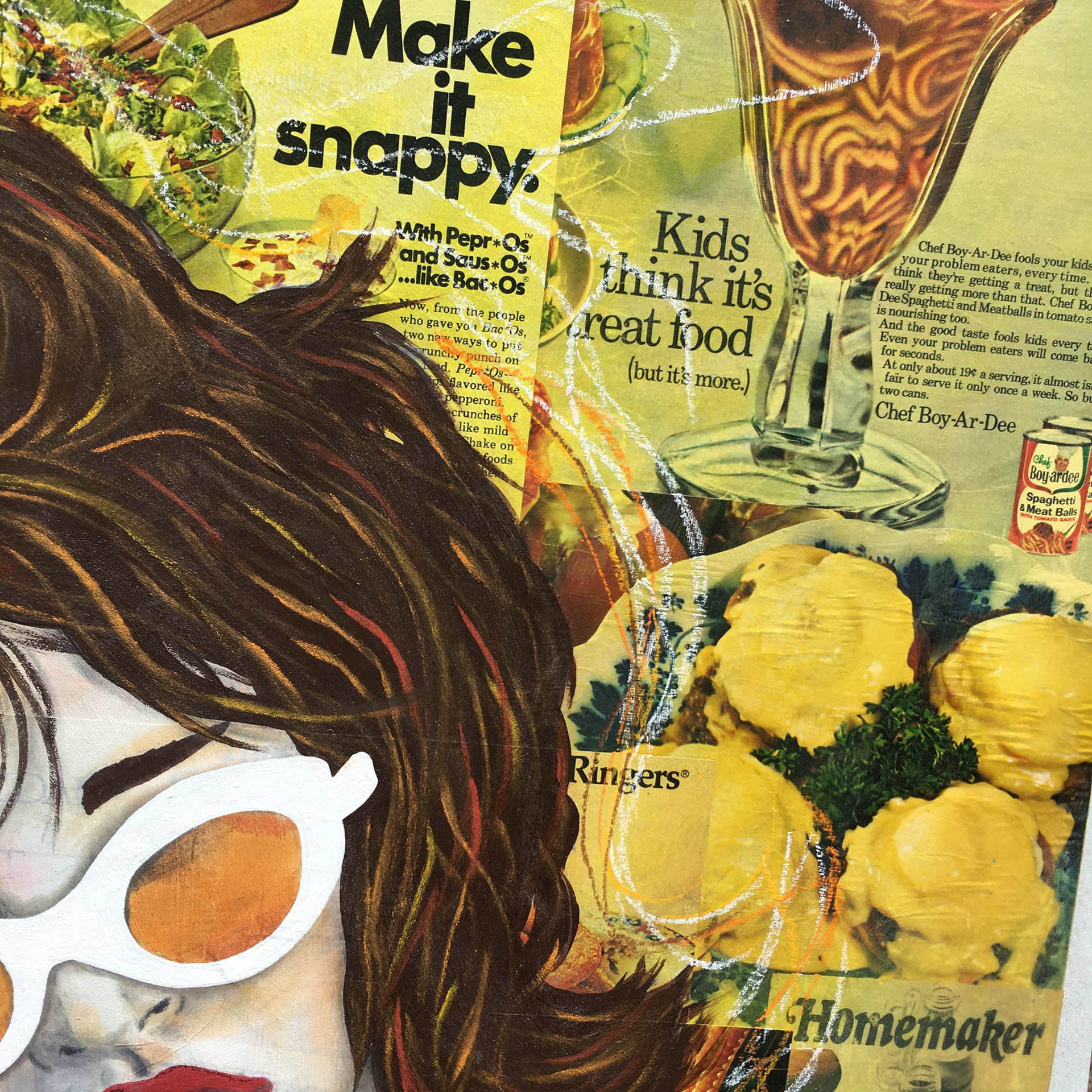 Rhonda (Give Peas A Chance), detail, acrylic, pastel and vintage magazine advertisements on panel, framed, 24"x30"