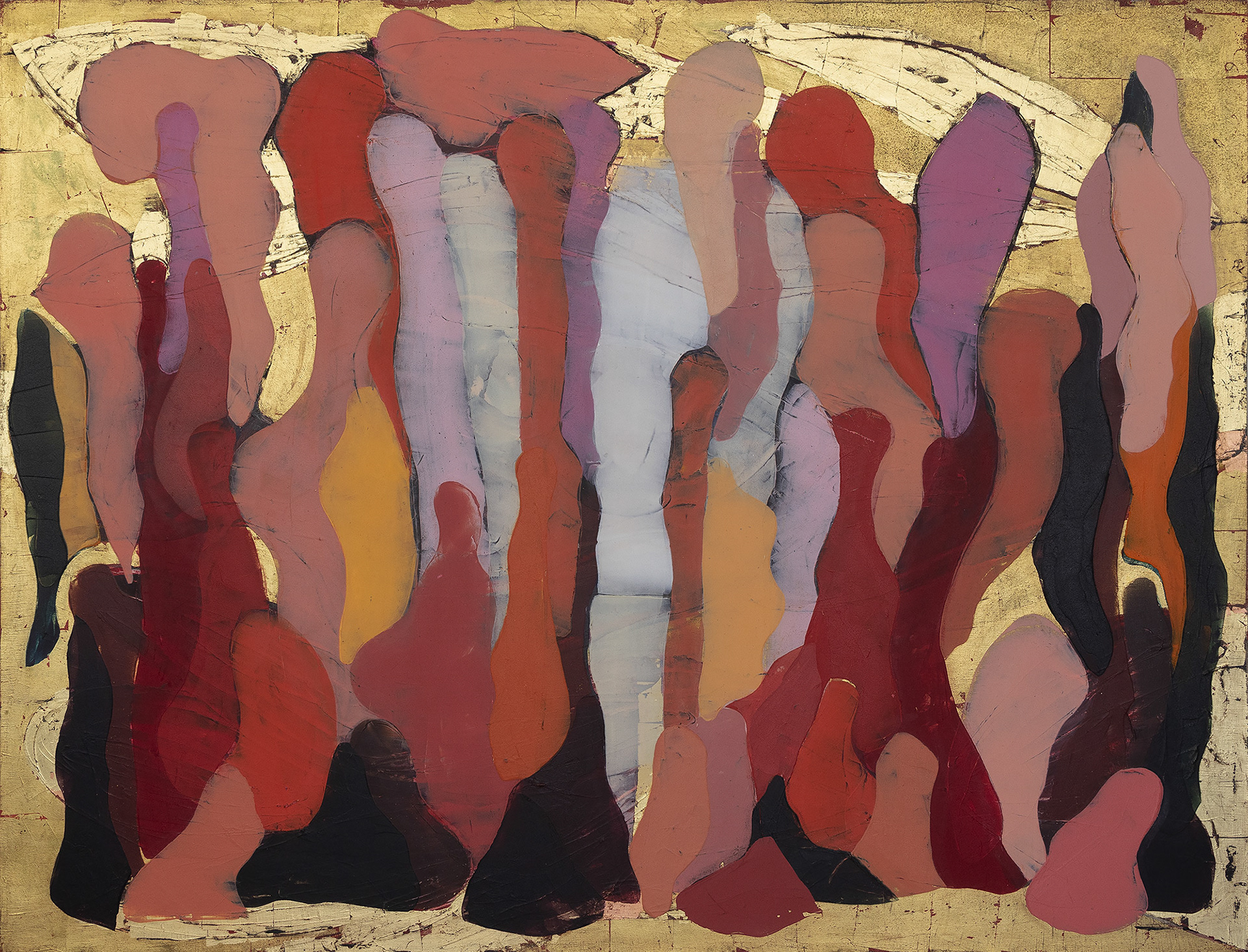 INTO THE ROUGH oil and gold leaf on canvas, 38 by 50 inches, 2020, HERMANN LEDERLE