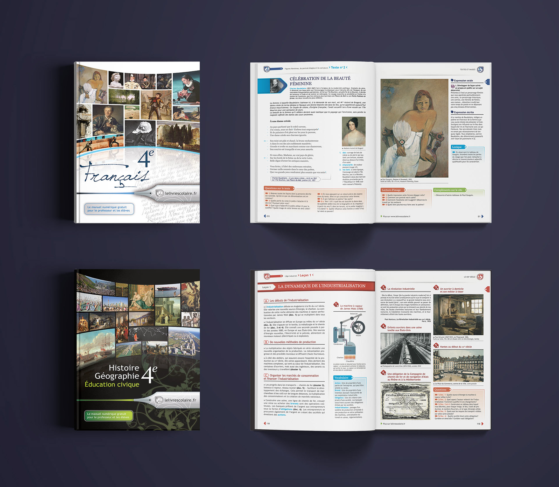 Visuel montrant les couvertures des manuels de Français et Histoire-Géographie niveau 4e, ainsi que des exemples de double-pages intérieures.