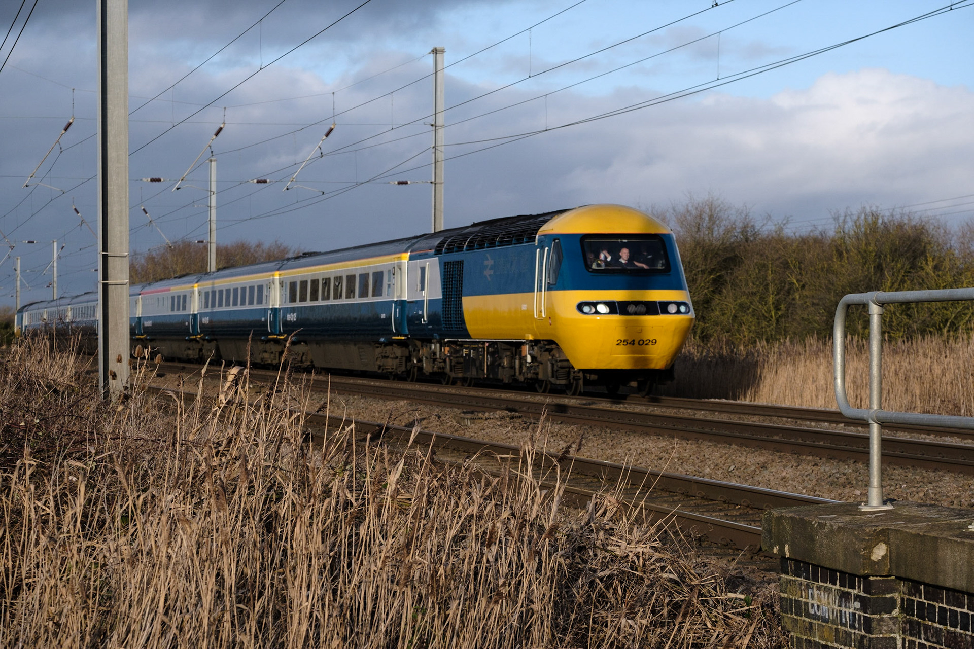 InterCity 125 set 254 029 lead by 43112 with 43006 on the back heads to London with the final leg of the tour. 

The entire set has been painted in the livery that the trains were first painted in when they were introduced in 1976. When first introduced, they were treated as DMUs which is why the set has a 254 xxx number. 253 xxx was for Western region stock out of Paddington and 254 xx was for Eastern region stock.