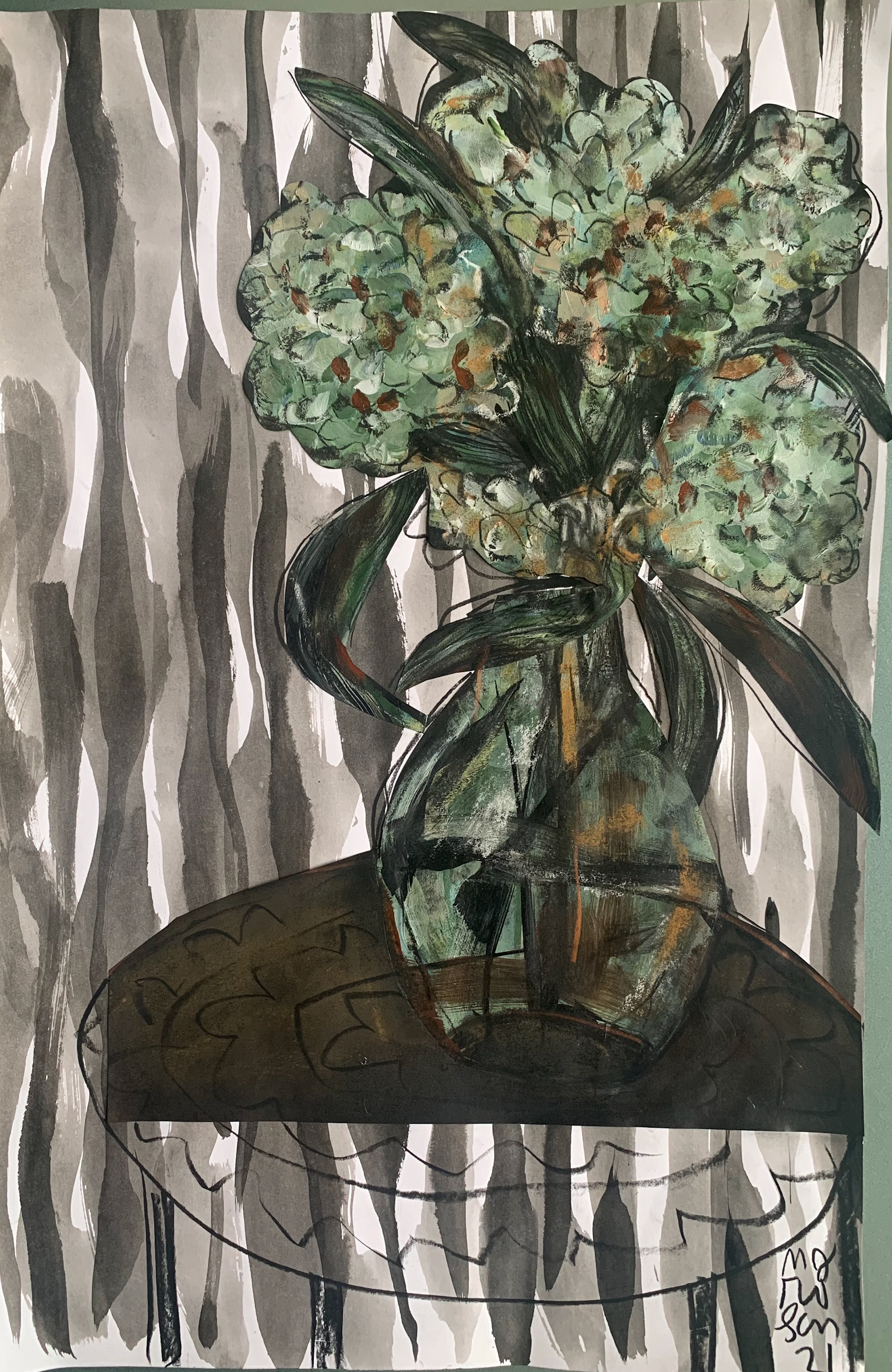 68/ Hydrangeas on a striped background / 12 x 19. $320