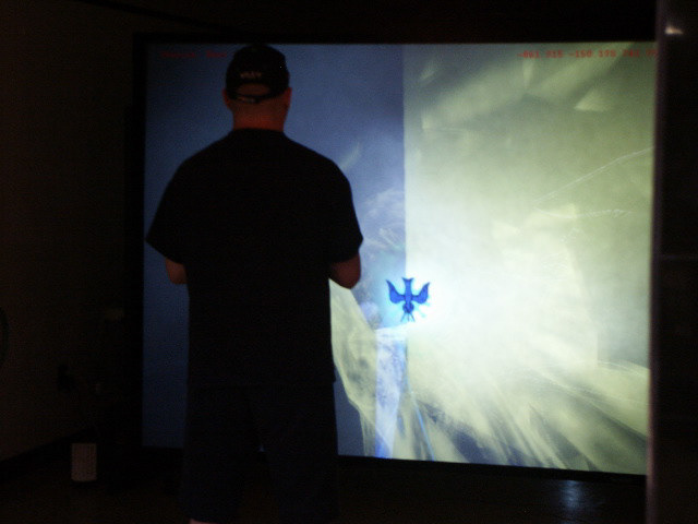 "Body w/0 Organs", dual-channel stereographic VR projection with audio, (DIY geowall), pop-up installation, Greenwood Mall, Bowling Green Ohio, 2008