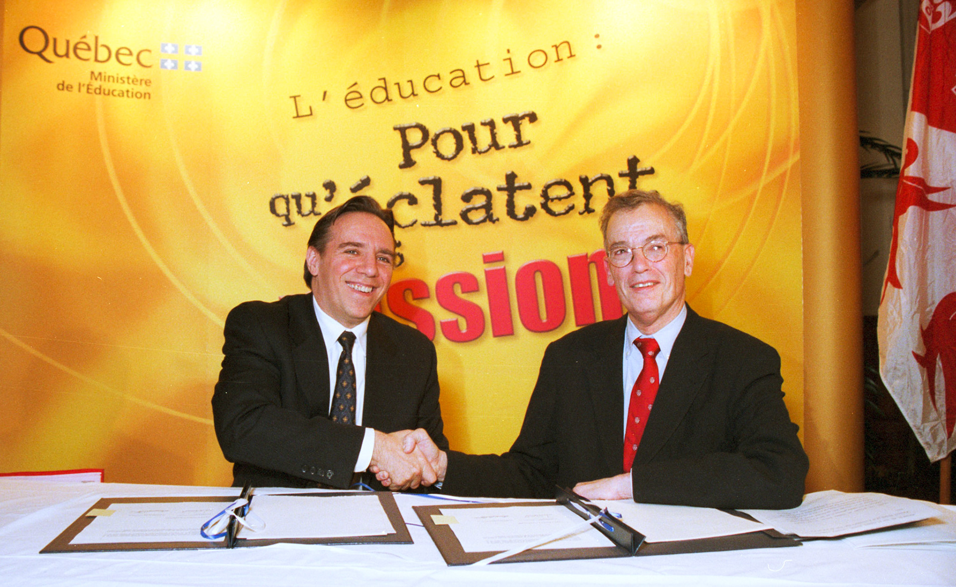 Education Minister François Legault with Principal Bernard Shapiro in  December 2000.