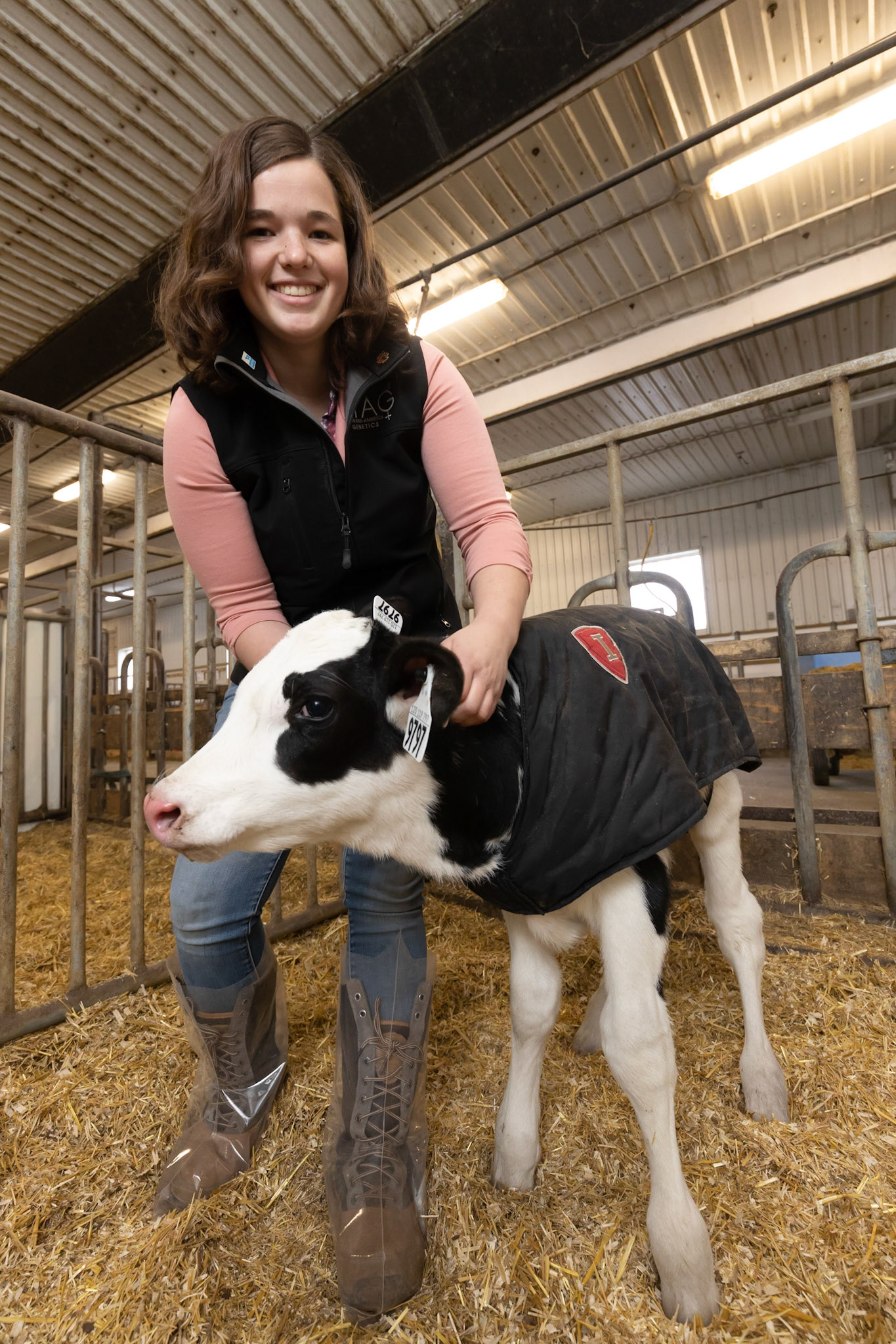 Keesha Ness and an 8-hour-old calf.  Keesha is a Farm management and technology student at the Macdonald Campus.  November 2019.