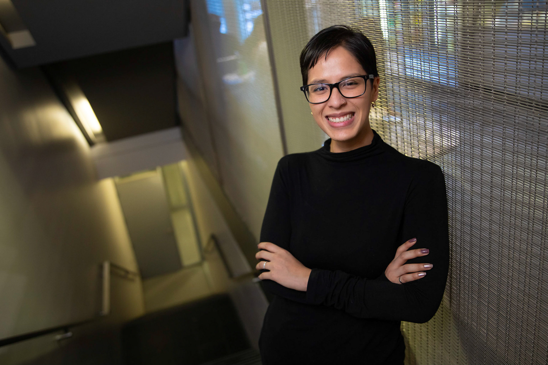 Marianna Uceda is researching more sustainable ways of making lithium-ion batteries, and was one of three speakers at the 2019 SEDTalks.   We did this photo in grungy stairwell that looks cooler the more out-of-focus it gets.