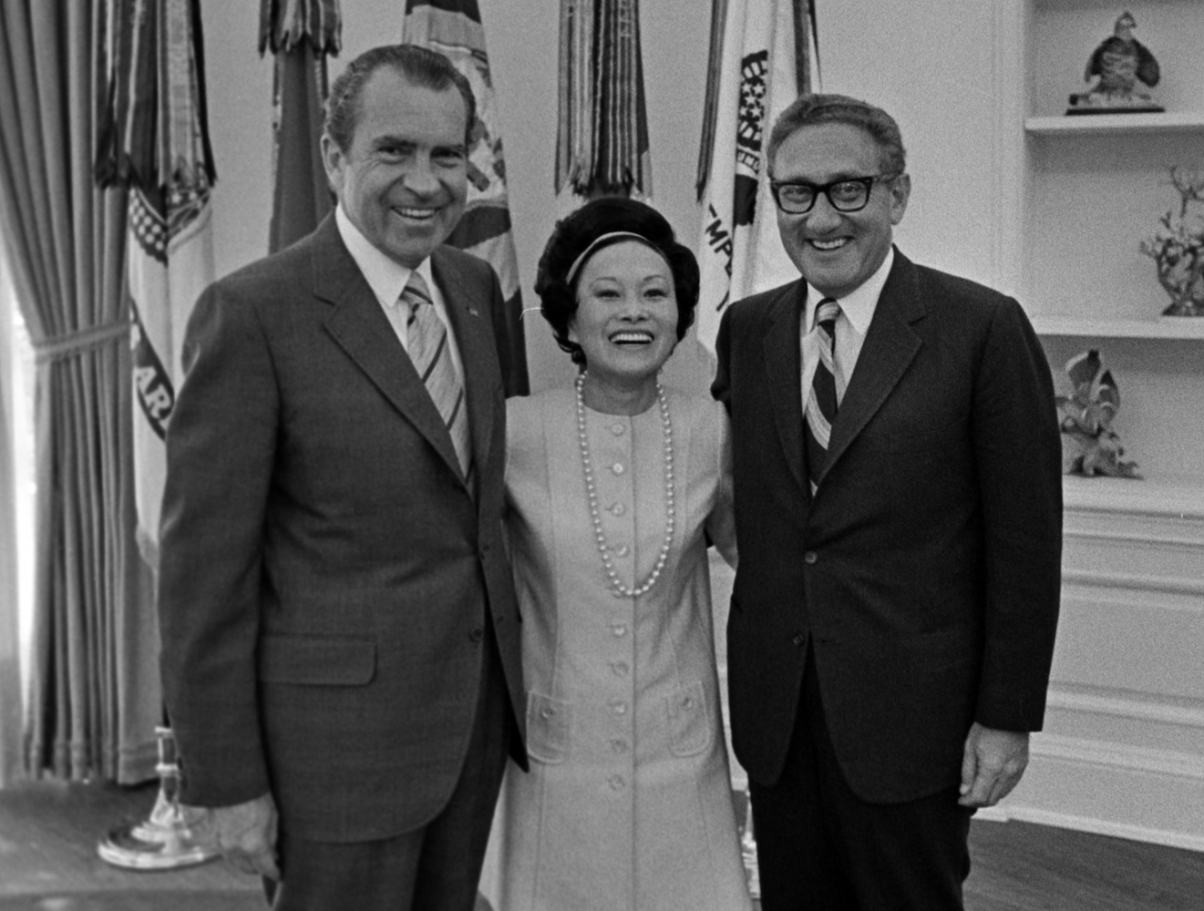 President Nixon with Henry Kissinger and Anna Chennault in the Oval Office, 12 April 1971 (photo by Oliver Atkins, Nixon Library)