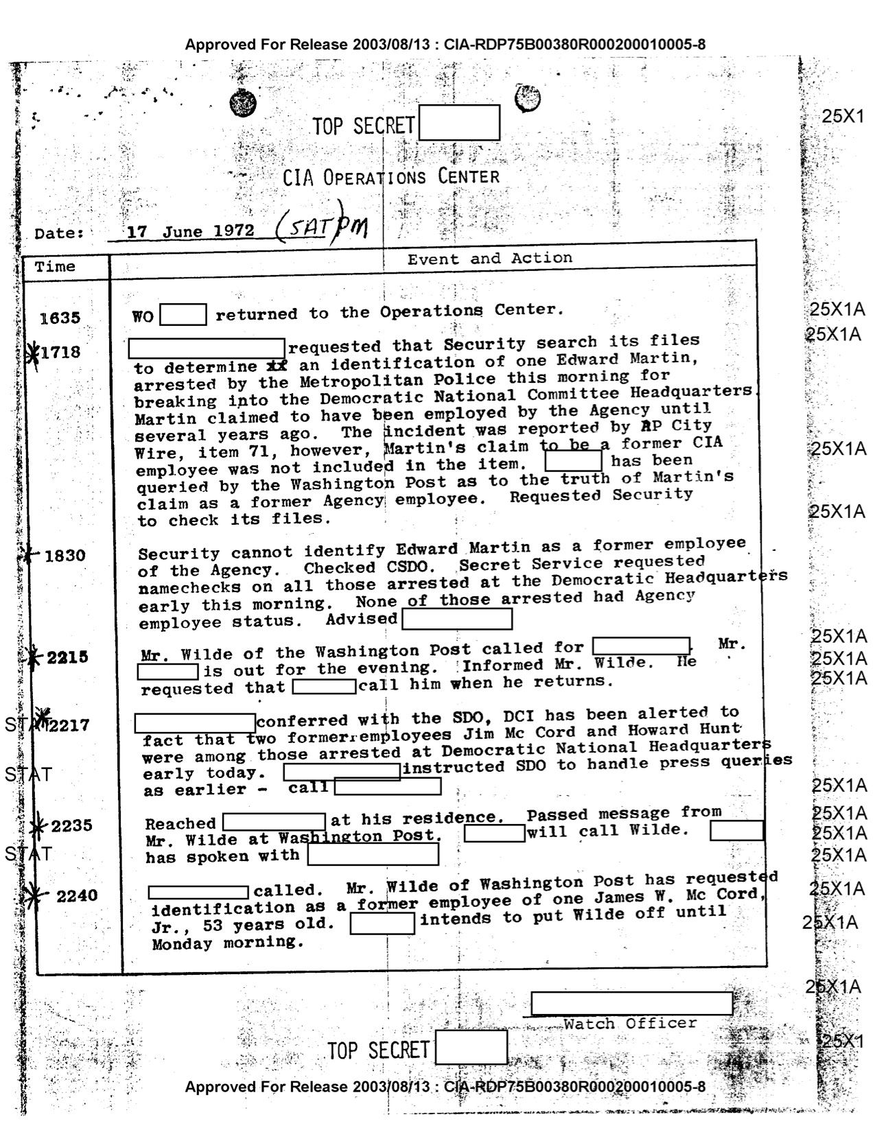 CIA Operations Center log, 17 June 1972