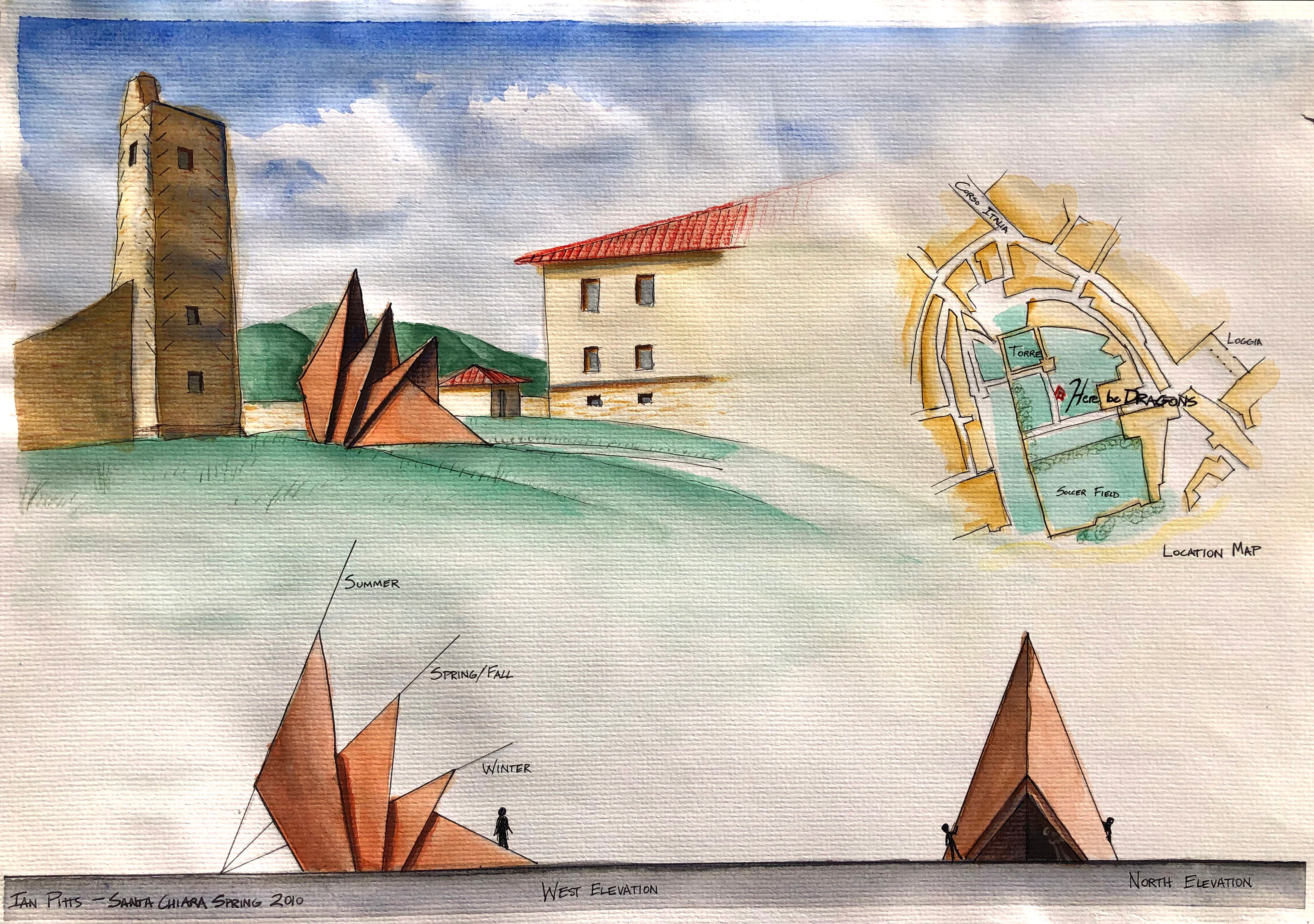View of my steel "dragon," in relation to the Etruscan tower.
