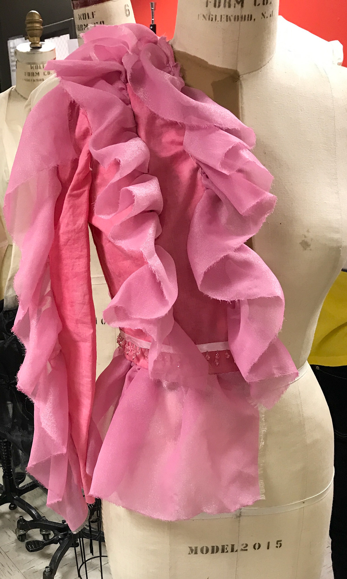Dyed Muslin with nude Mesh and organza ruffles