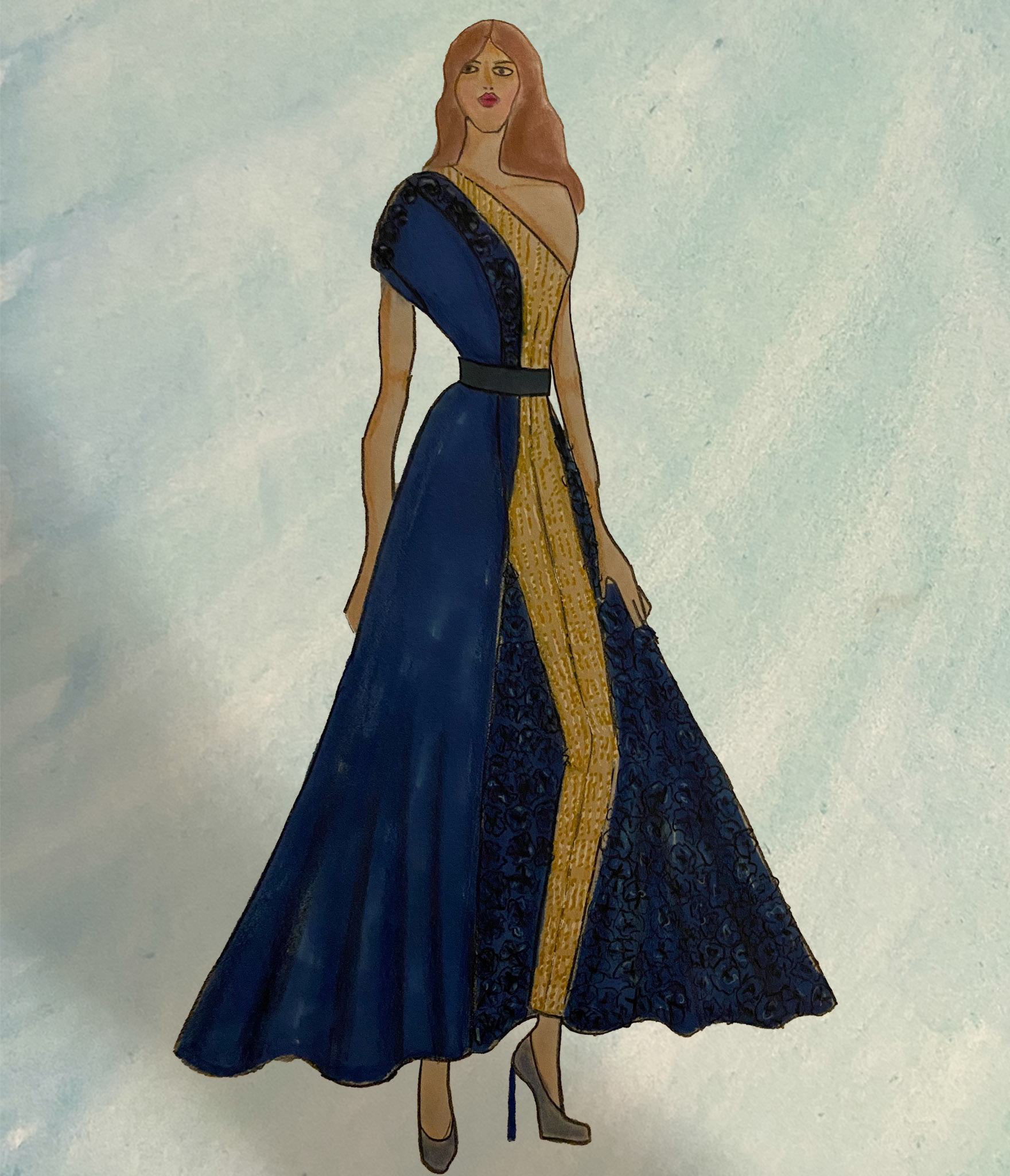 One shoulder jumpsuit with one shoulder overcoat and belt