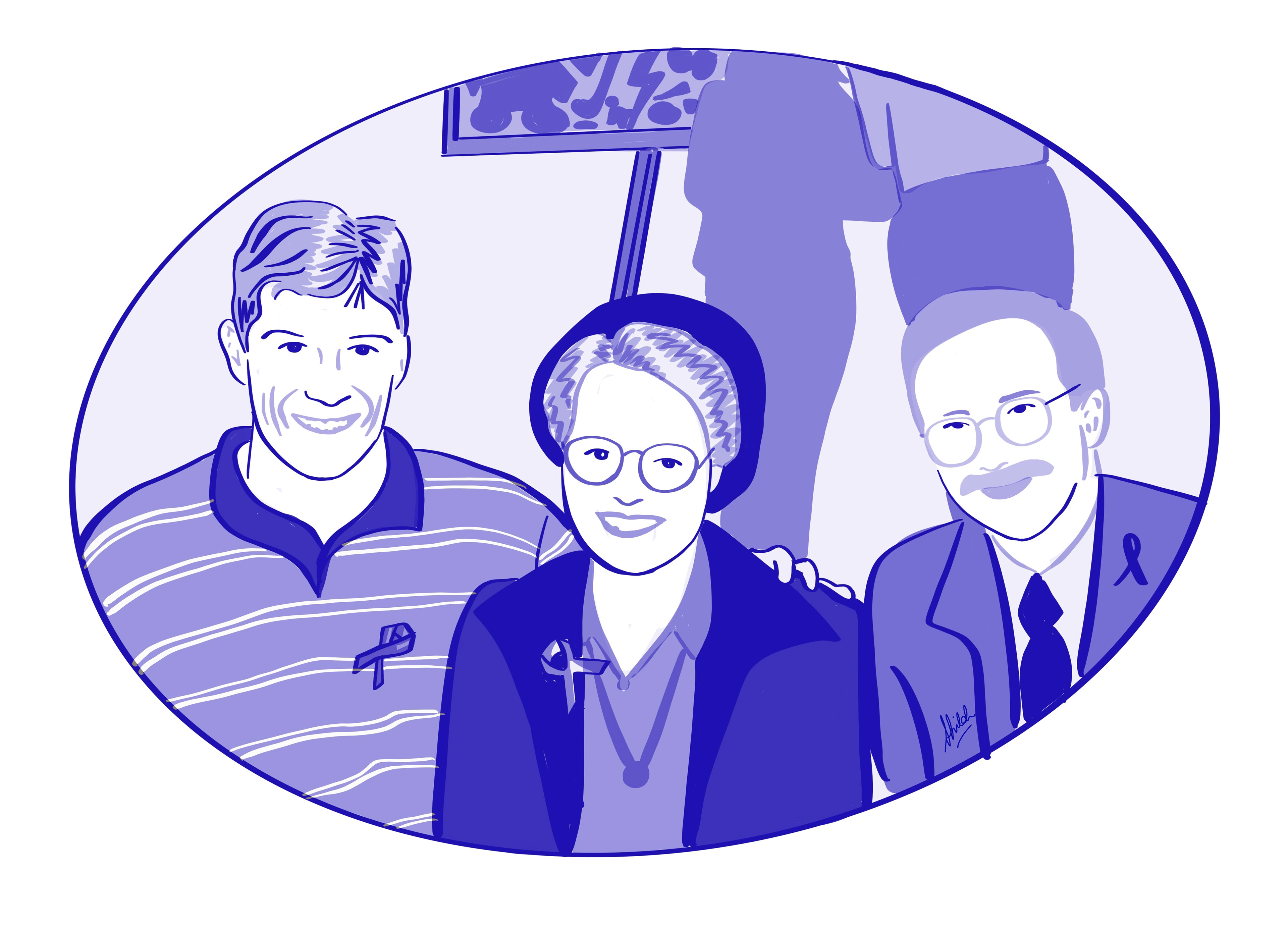 My ME/CFS Support Superstars: Alastair Lynch (AFL Footballer with CFS), Shiloh & Dr John L. Whiting - standing in front of Shiloh’s artwork - fundraising in 1997. Drawn 2019.