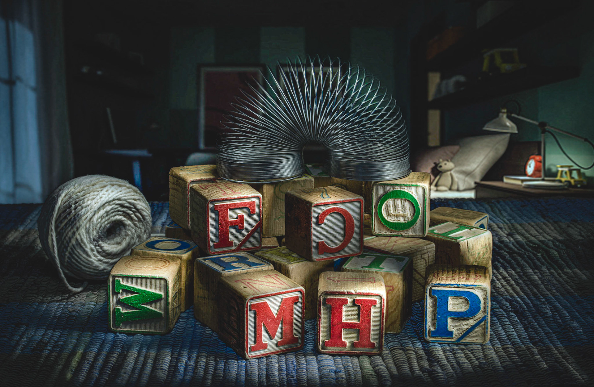 Light Painting of some old blocks and a Slinky. I added the ball of string because, as a boy, I always had some string for 'stuff'.