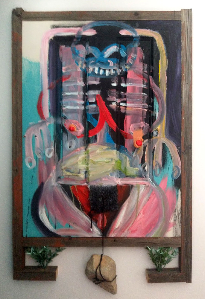 "Fetishized & Idolized Gardening" 2020, mixed-media on wooden door, 50 x 27 inches