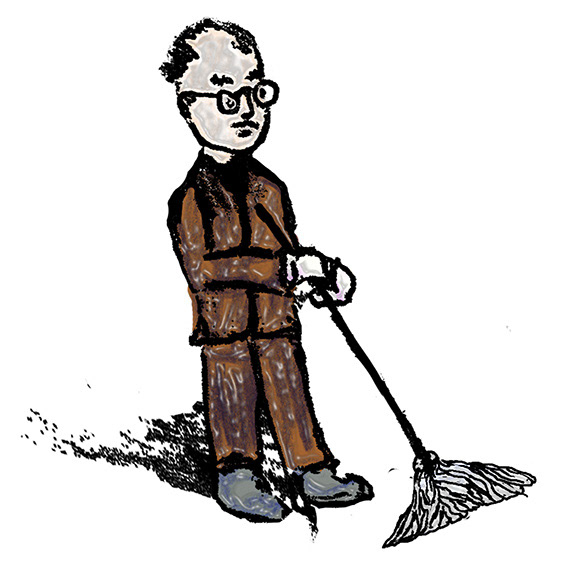 Thornton Wilder: original writer of the play mopping the sidewalk to represent the outrageous nature of this play, inspired by the man sweeping up after the parade in the credits of Peabody's Improbable History from The Adventures of Rocky and Bullwinkle and Friends