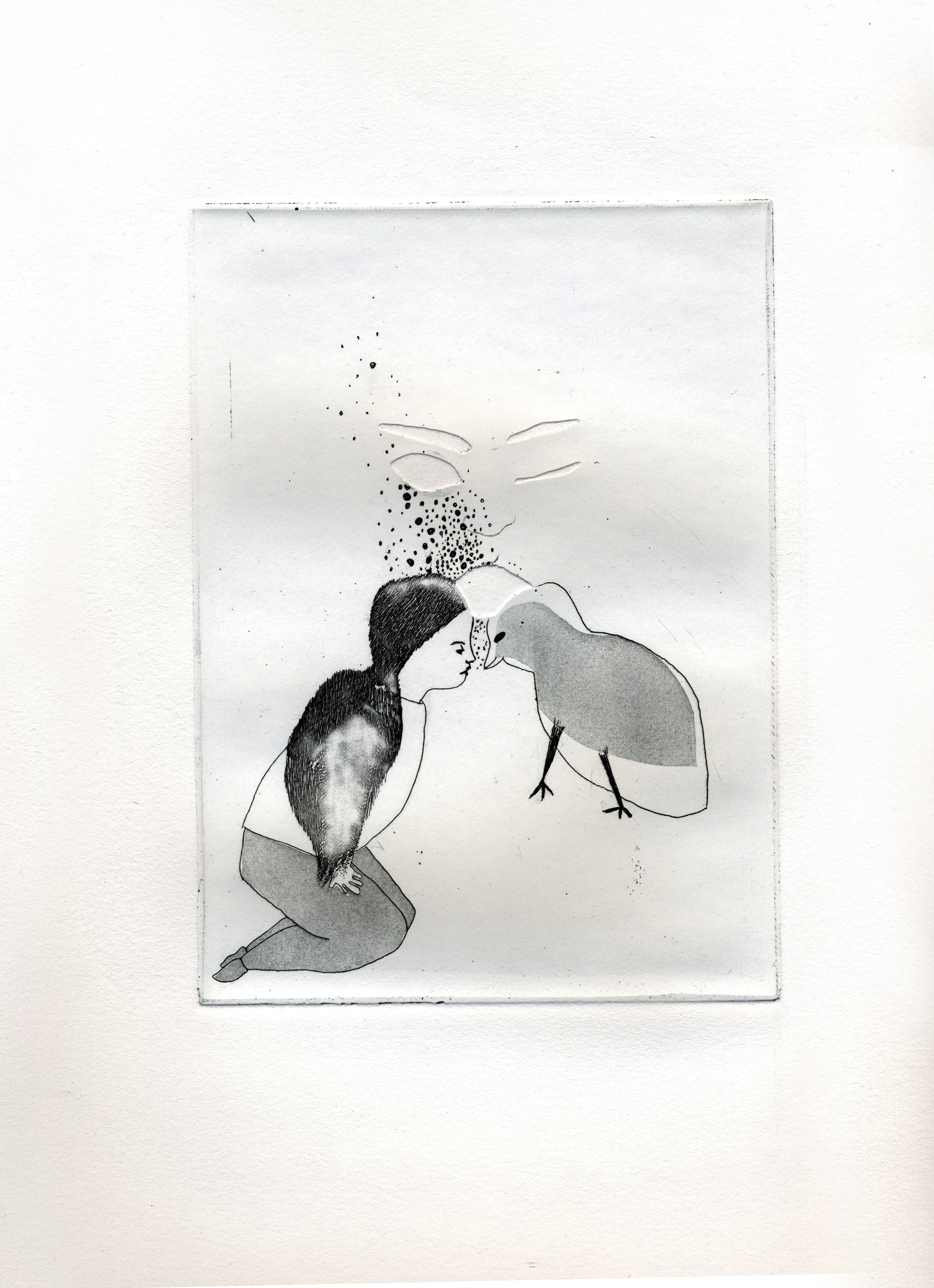 Ils ont besoin de sortir un peu III (2014), etching on BFK Rives paper, edition of 3, 33 x 25 cm