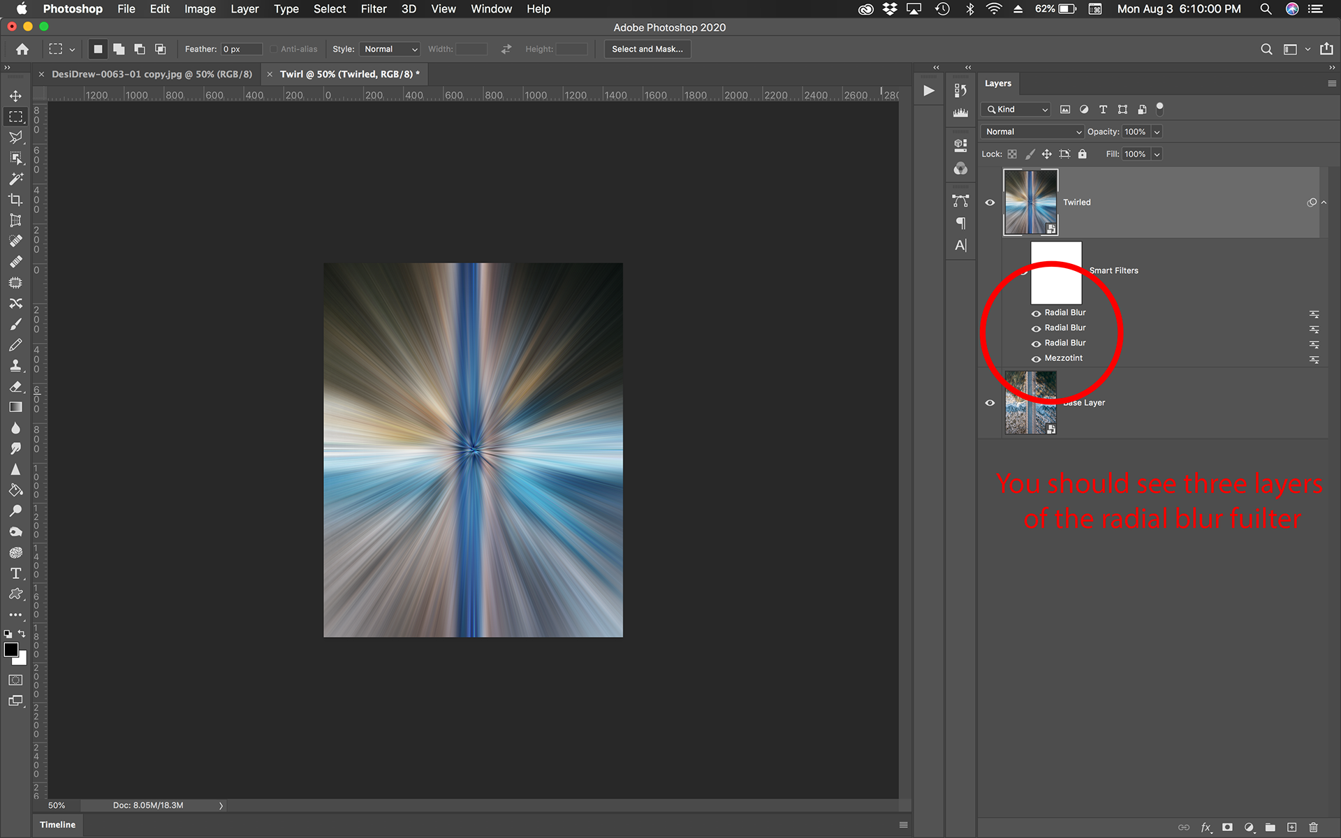 You should see three layers of Radial Blur under your smart object