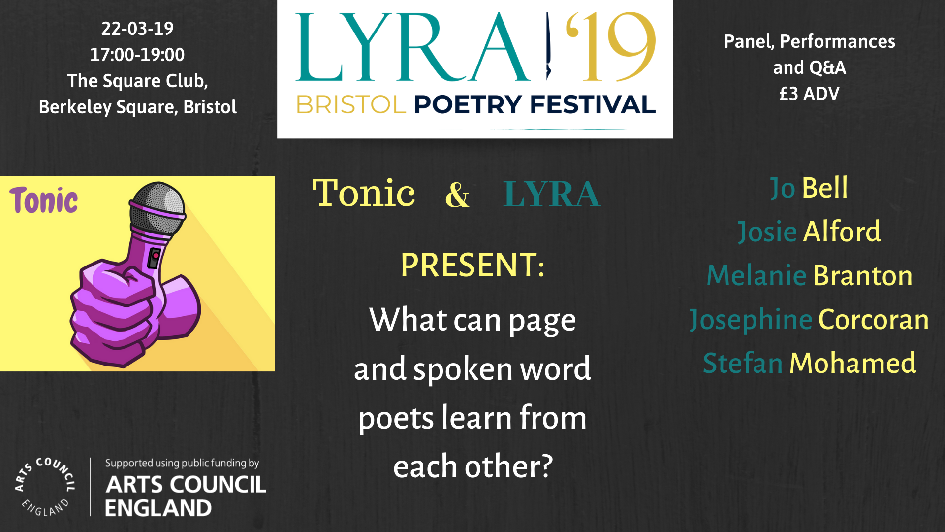 Banner-style graphic for spoken word/page poetry panel at poetry festival, LYRA.