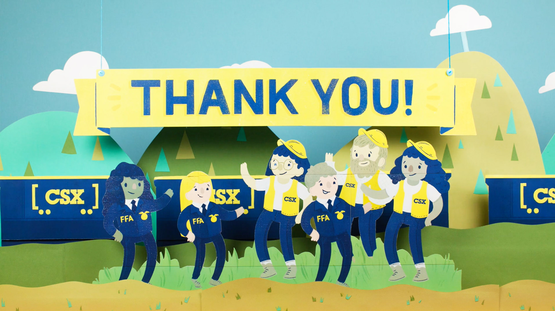 Emilee Beeson illustration and design in still image of stop motion video depicting people waving.