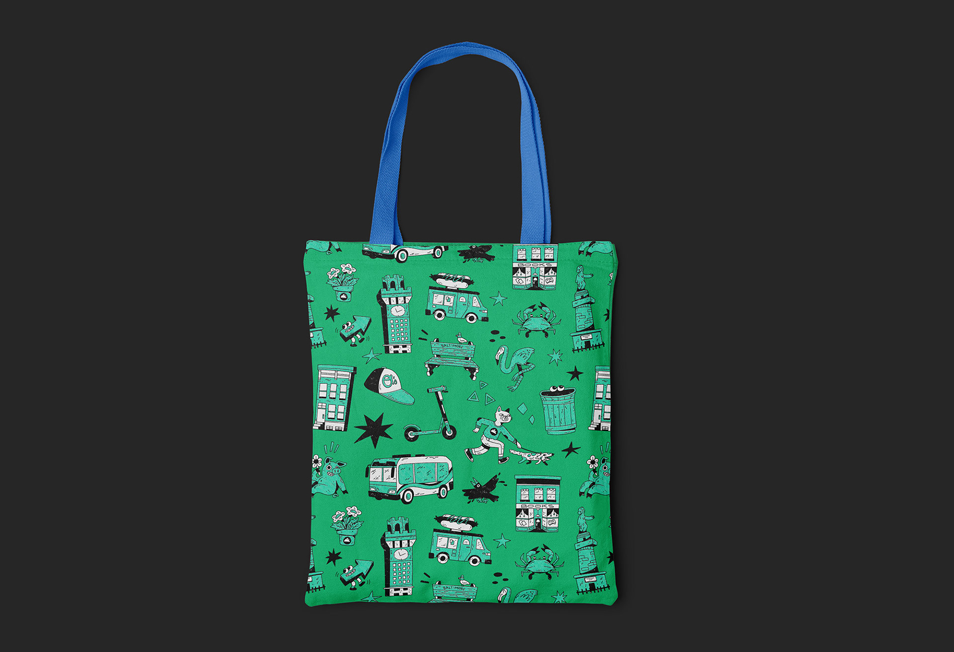 Final illustrations as a pattern shown on a tote bag by Emilee Beeson for The Downtown Partnership of Baltimore