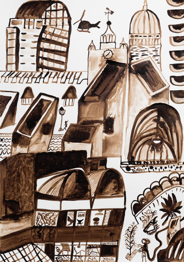 The Barbican and Beyond Walnut on Fabriano 70 x 50
