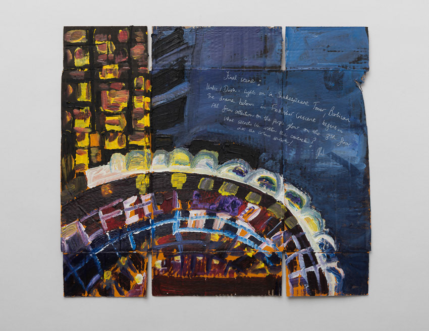 Final Act! (Barbican at Night) Acrylic on recycled cardboard box from Umbra Wine 48 x 54 x 0.5