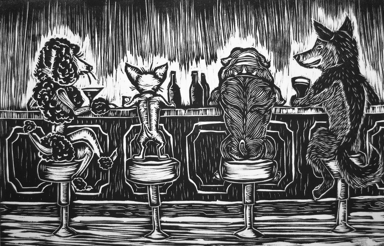 Dogs Night Out (Woodcut)